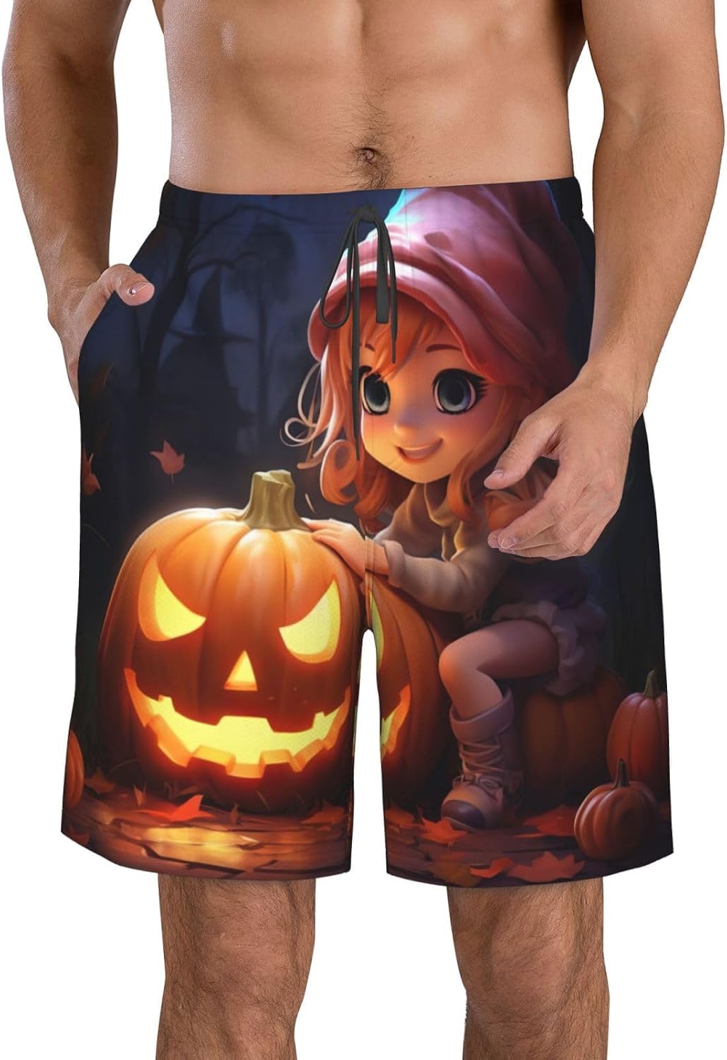 Mens Halloween Cute Pumpkin Print Beach Shorts,Casual Summer Shorts for Men,Quick Dry Polyester