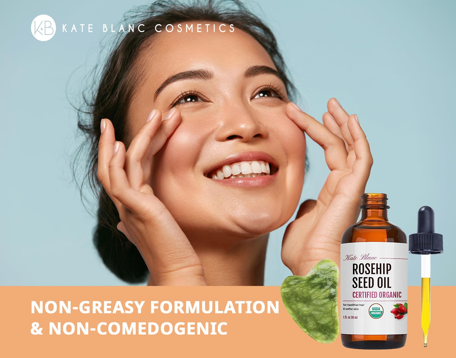 Kate Blanc Cosmetics Rosehip Oil for Face with Jade Gua Sha Stone (1oz, Organic, Pure, Cold Pressed) Rosehip Seed Face Oil for Gua Sha Massage - Image 4