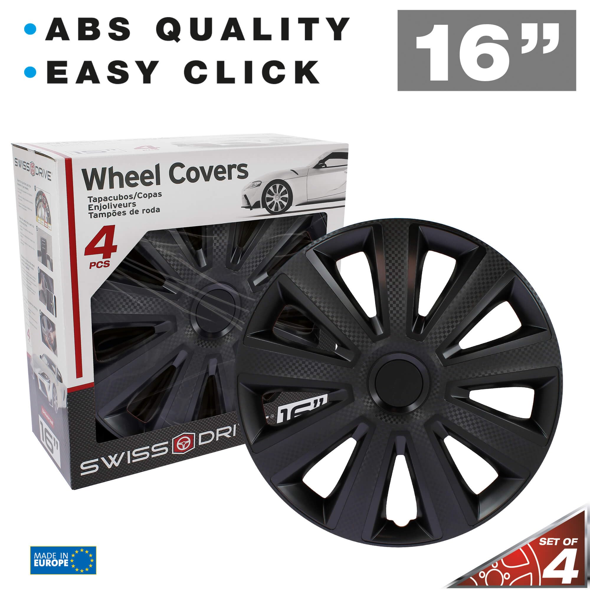 S SUMEX Juego de 4 Tapacubos de 16 Pulgadas Diseño Kentucky Carbon Black, Acabado en Negro y ABS Resistente a Fuertes Impactos, Duradero y Fiable con Anillo de sujeción Ajustable