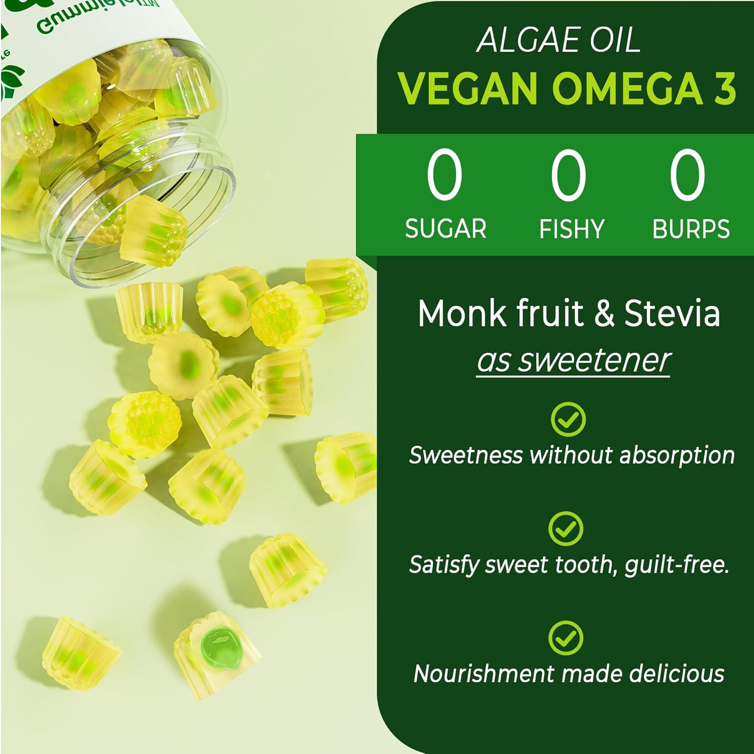Omega 3 Gummies 2200mg from Algae Oil (DHA 640mg & EPA 290mg) for Women & Men, Vegan Omega 3 Fish Oil Alternative, w/CoQ10, Astaxanthin, Vitamin A, E, D3 for Brain, Eye, Antioxidant, Sugar Free, 1Pack