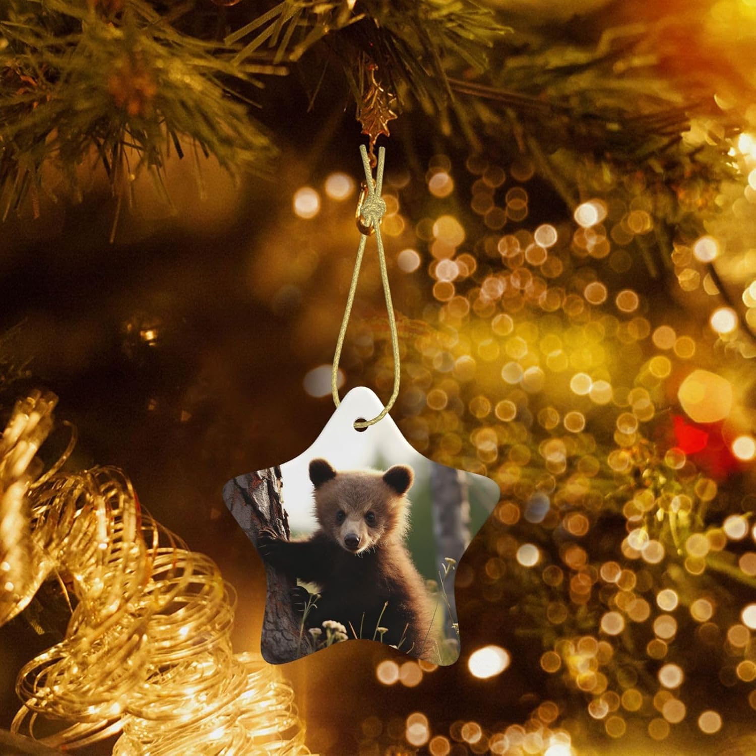 Cute Bear Christmas Ornament with Gold Ribbon Christmas Tree Ceramic Ornament Xmas Star Shape Hanging Ornaments Pendants Round Xmas Crafts for Holiday Party Decoration Gift
