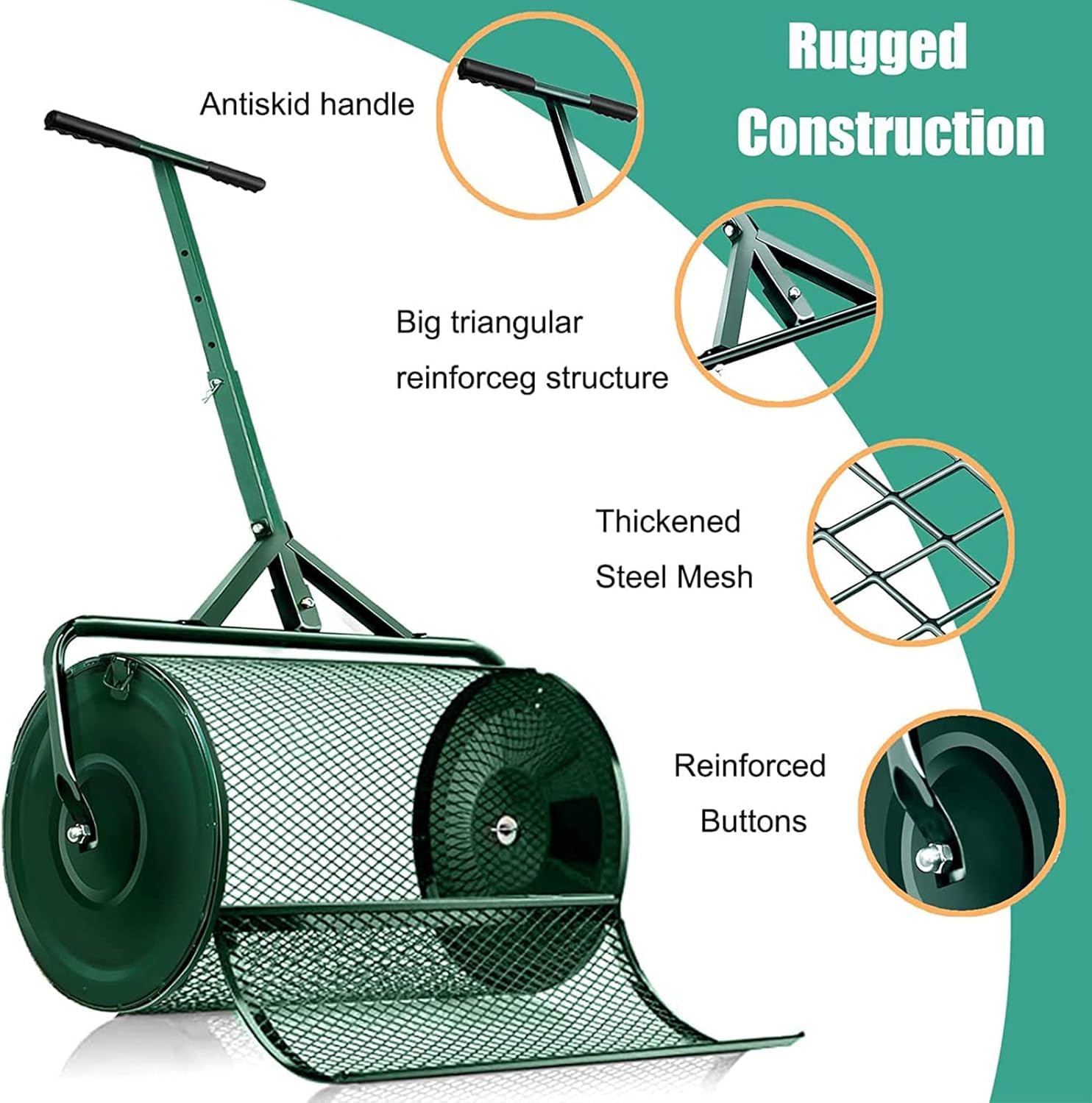Distribuidor de Compost de 24" con Musgo de turba y pestillos mejorados - Distribuidor de Fertilizantes de Malla metálica Resistente para césped y Semillas Multiusos (Verde)
