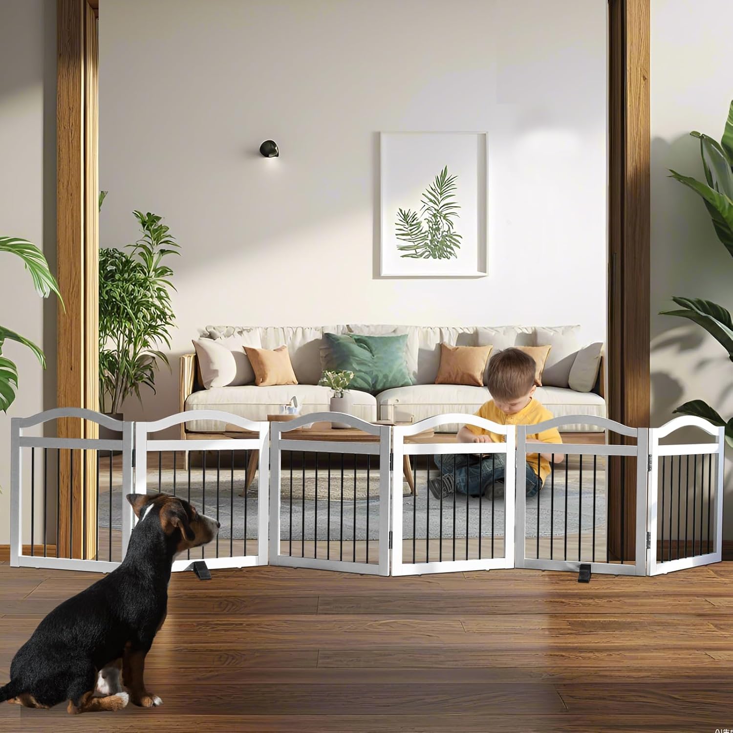 freestanding dog gate indoor wooden pet gates for doorways white foldable dog fence for stairs puppy gate for the house,support feet included,cedar,24" height-6 panels ?6 panels?120''w x 24''h