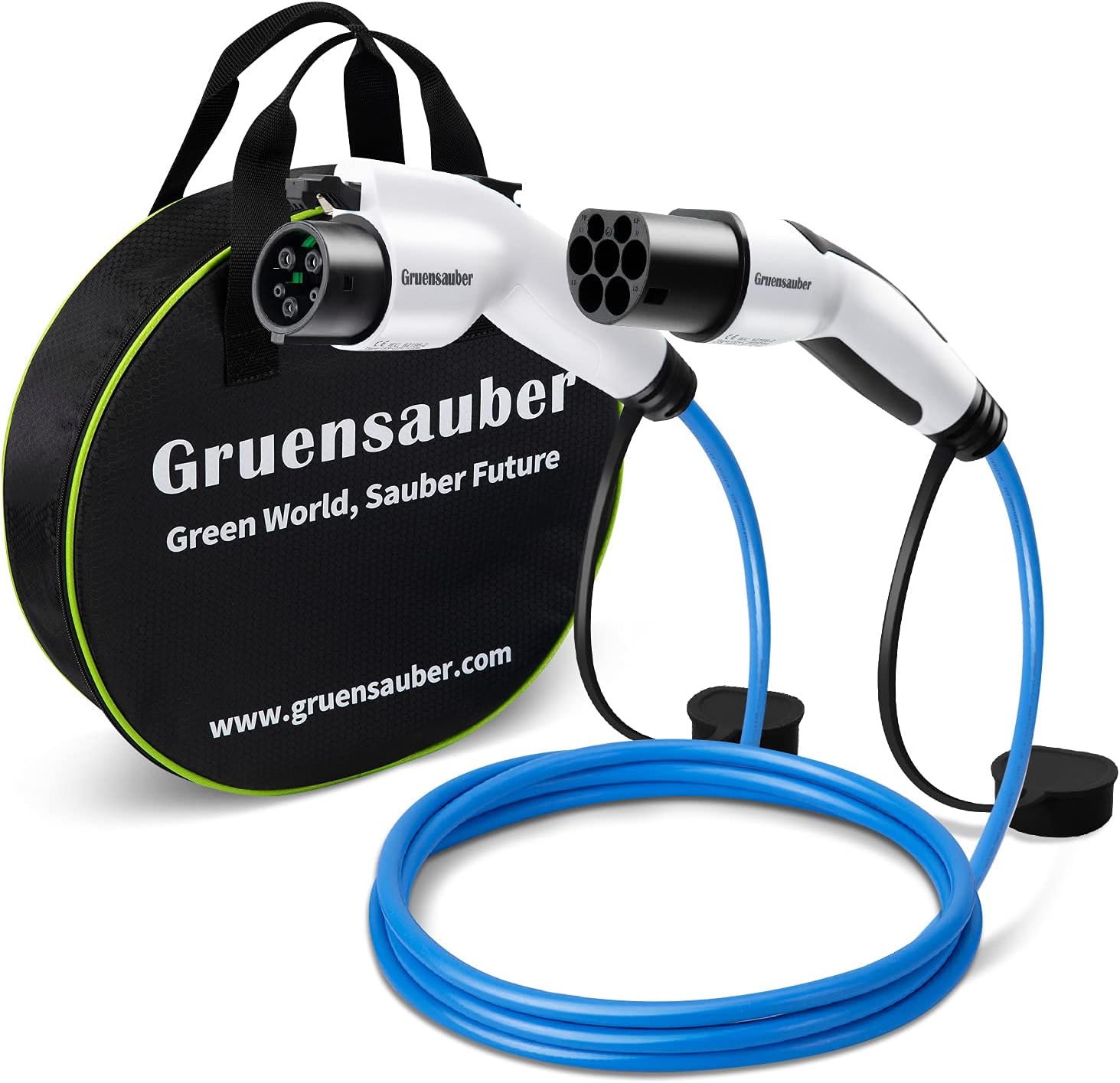 Gruensauber Type 1 to Type 2 EV charging cable, Single Phase, 32 Amp, 7.2kw, 5M Mode 3 EV Charging Cable with Free Carry Case