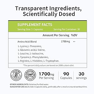 Vicwell Amino Acid, Supports Muscle Recovery and Lean Muscle Growth, Enhances Energy and Endurance, Contains Essential Amino Acids and BCAAs, 90 Capsules (1 Bottle)