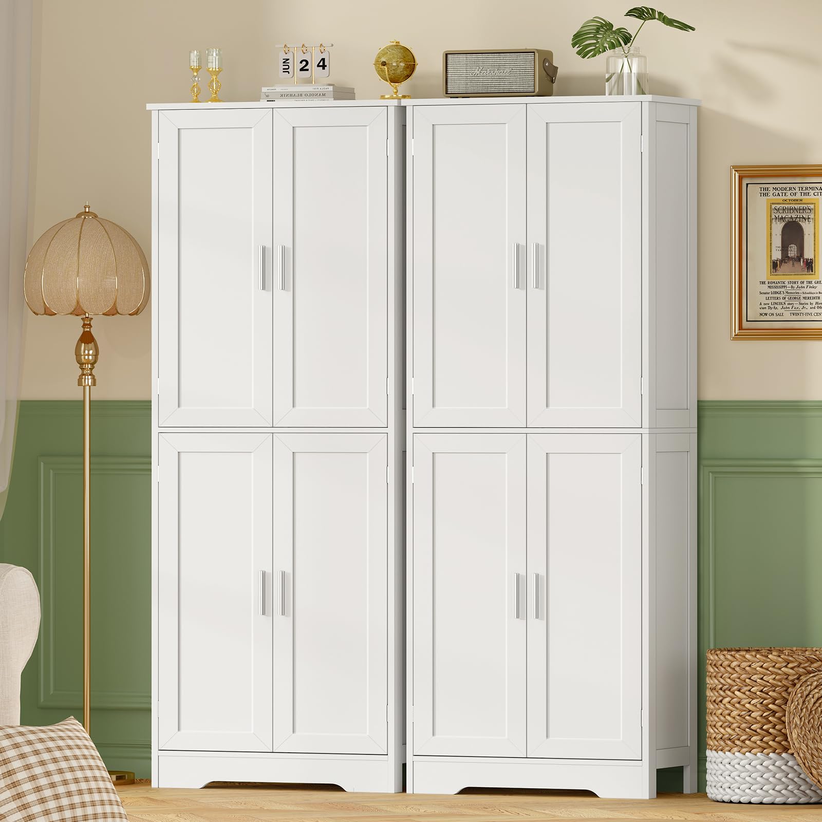 TEENFON Meuble de Salle de Bain, Armoire de Rangement 4 Portes avec Étagères Réglables, Meuble de Rangement Colonne pour Salon, Salle à Manger et Salle de Bain, 60x30x170 cm, Blanc