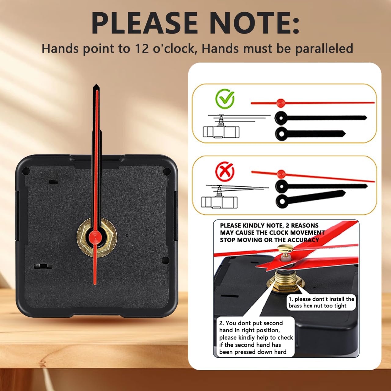 Silent Quartz Clock Movement Replacement Kit, 12mm Total Shaft Length, Battery Operated DIY Wall Clock Repair Parts Mechanism, High Accuracy Sweep Motion (No Ticking)