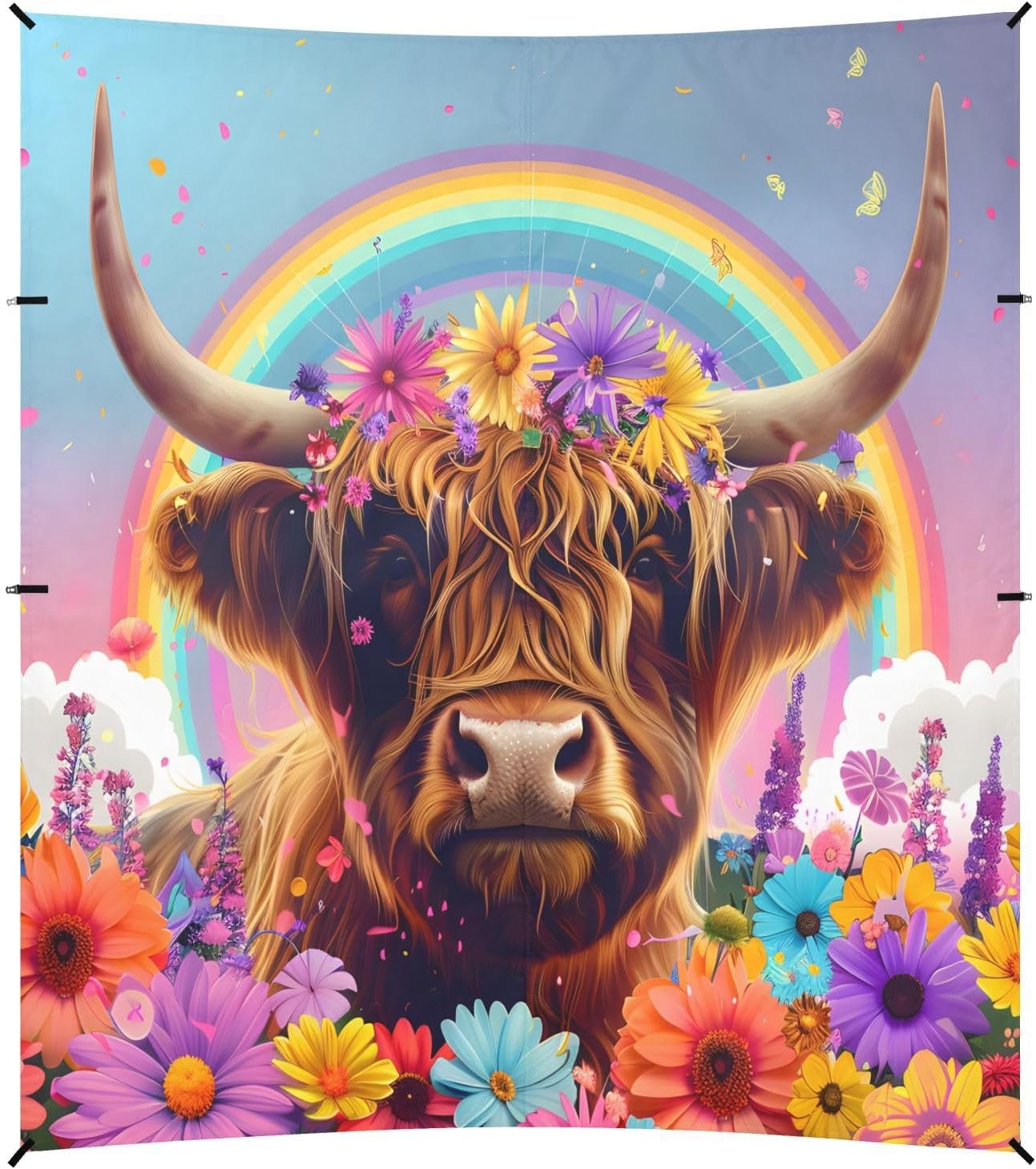 ALAZA Cow Bull Rainbow Daisy Beach Tent Sun Shelter UPF50+ Protection Beach Shade Canopy w/ 4 Sandbags for Outdoor Camping, Fishing, Backyard Fun, Picnic, 10x9 ft