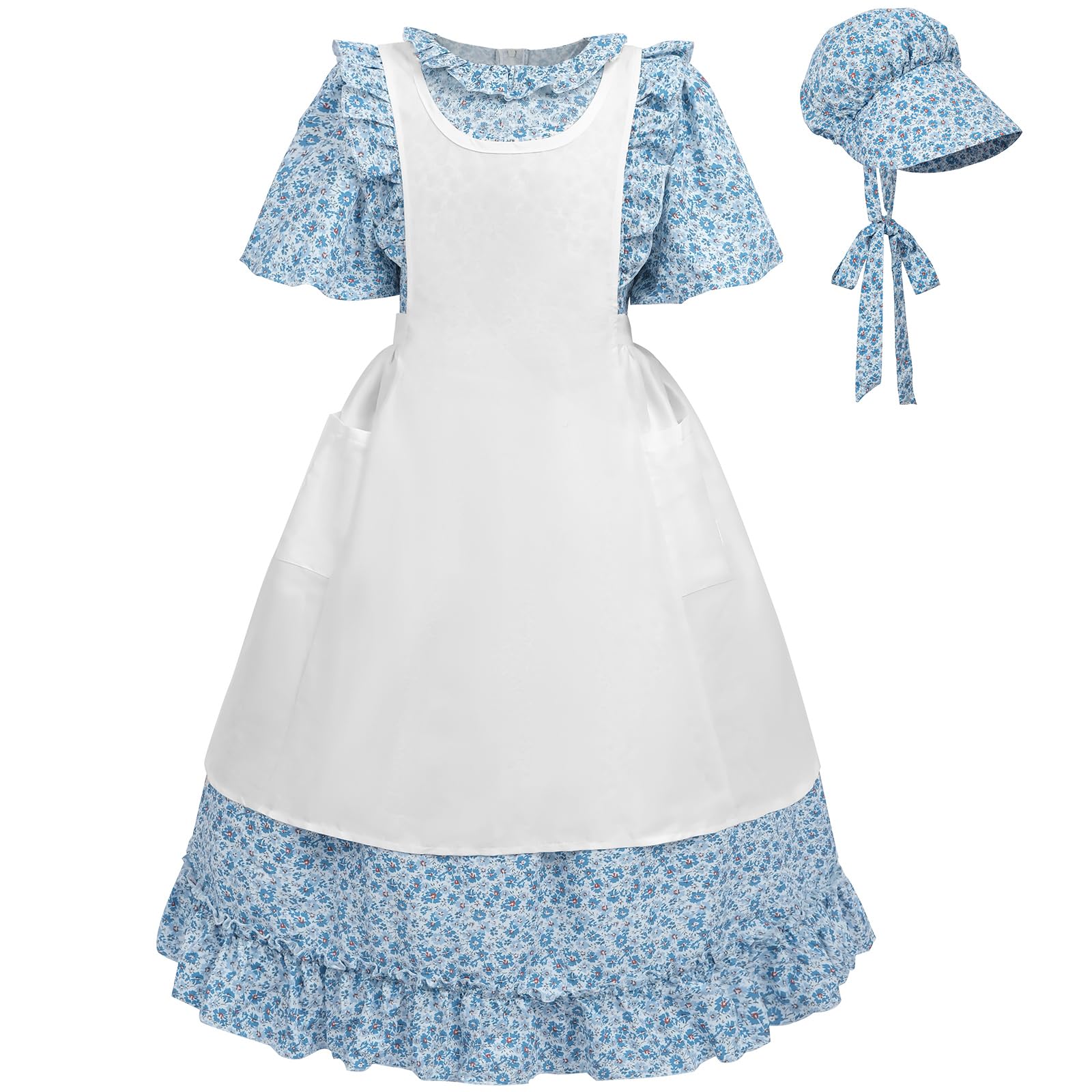 FCCAM Colonial Pioneer Dresses for Girls Short Sleeve Floral Prairie Costume Blue L