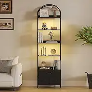 Turosur 83.4" Tall Narrow Bookshelf with 3 Drawers, Arched Bookcase with LED Lignts, 6-Tier Open Bookshelf with Metal Frame, Black