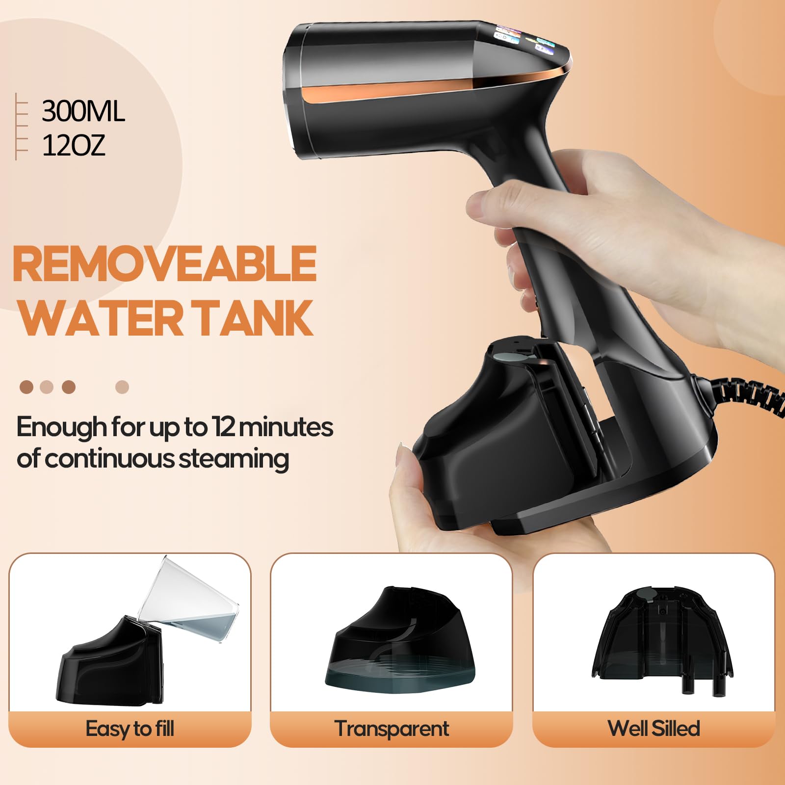 PKBD Fer à repasser à vapeur de voyage,élimine les rides,réservoir d'eau amovible de 320ml et écran LED 3 vitesses, vaporisateur à main pour vêtements 1800w,idéal pour les voyages,maison,Bureau.noir