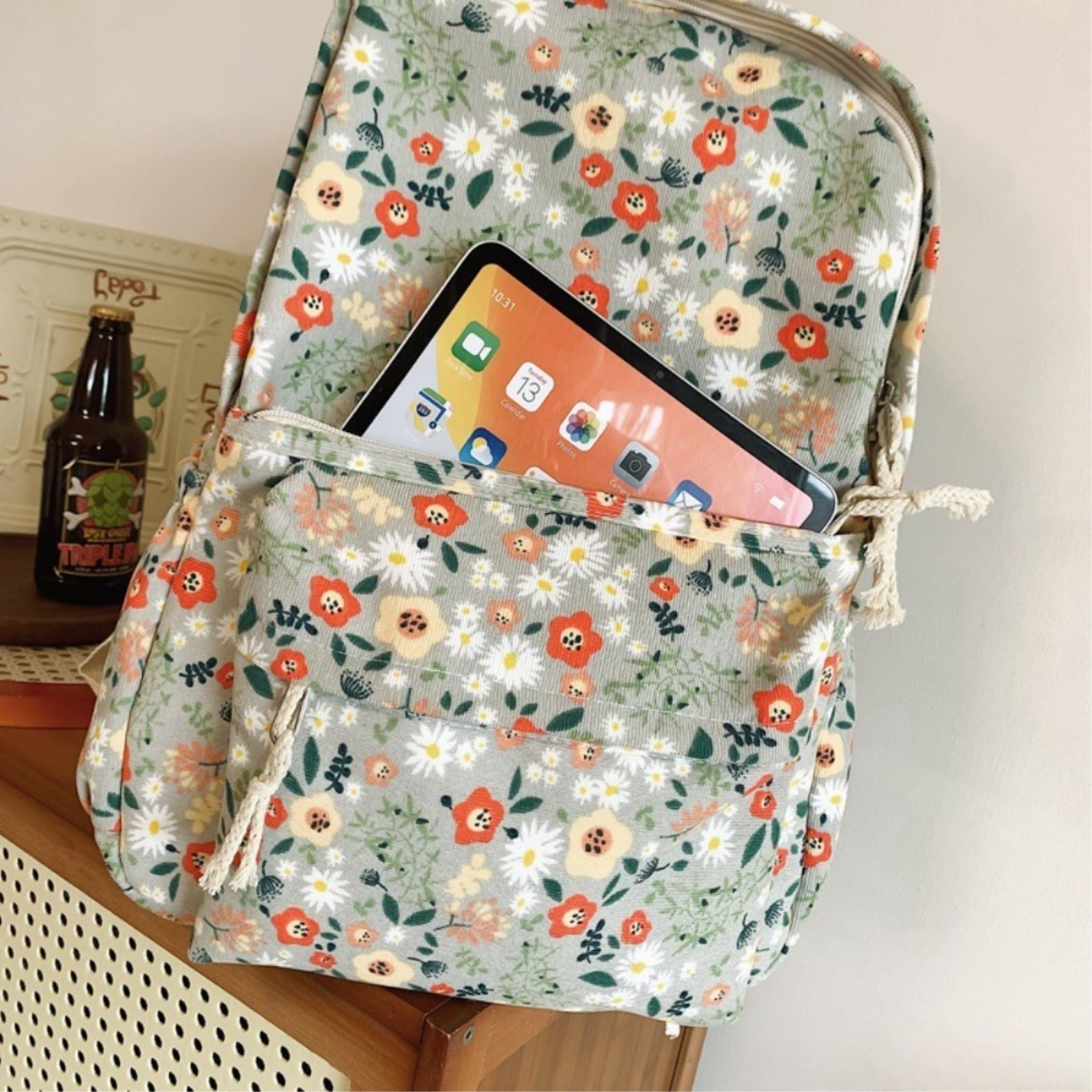 Zaino da Viaggio Florale Stampato Acqua Resistente Daypack Multi Tasca Laptop per La Scuola Uscita Giornaliera Si Adatta al Portatile 14 Pollici-Green