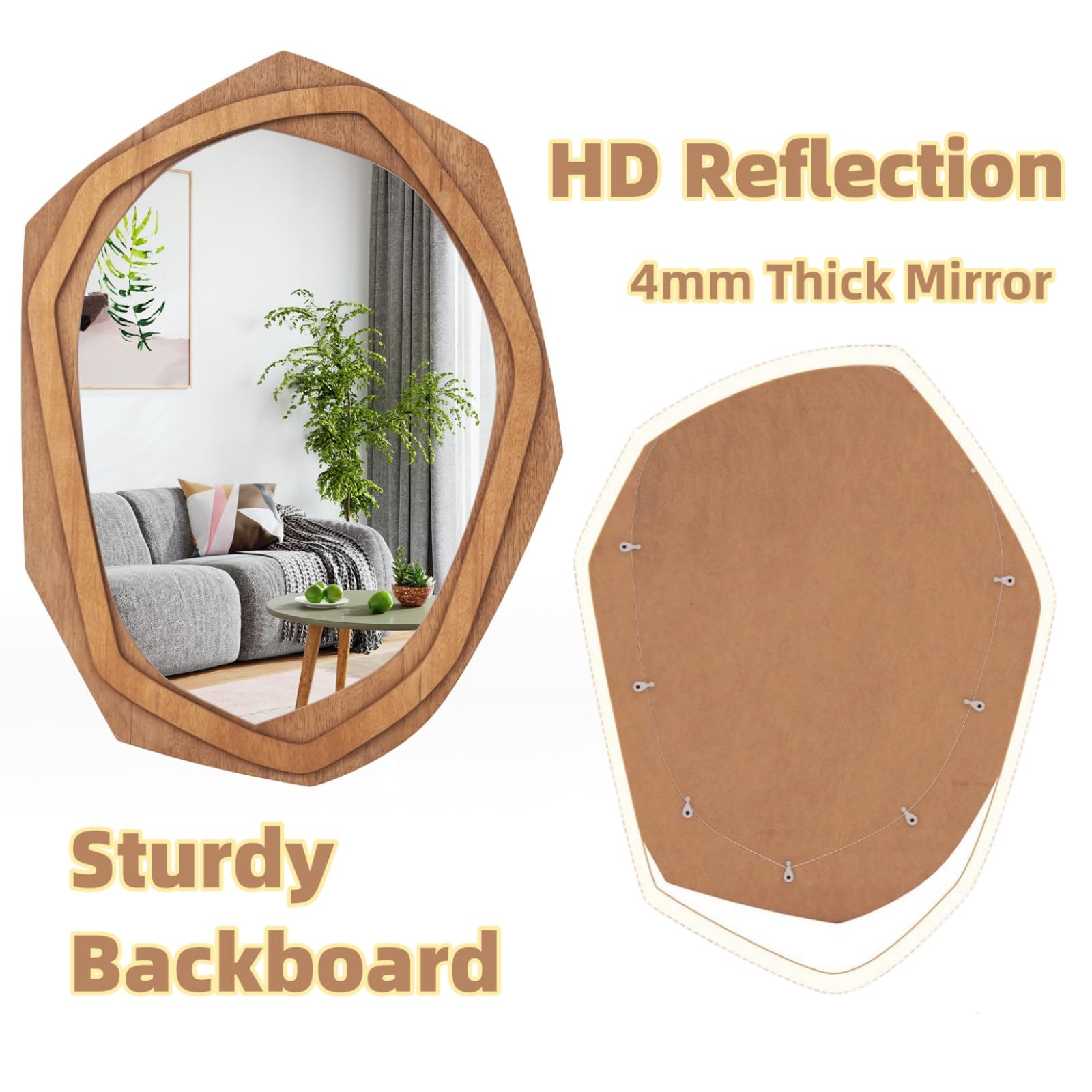 LIFEZEALSpecchio da parete irregolare, HD, cornice in legno, design astratto e rustico, specchio infrangibile per soggiorno e bagno (66 x 89,5 cm)