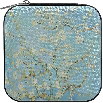 Leather Small Jewelry Box Travel Portable Jewelry Case Storage Box Van Gogh Almond Blossom For Rings Earrings Necklaces