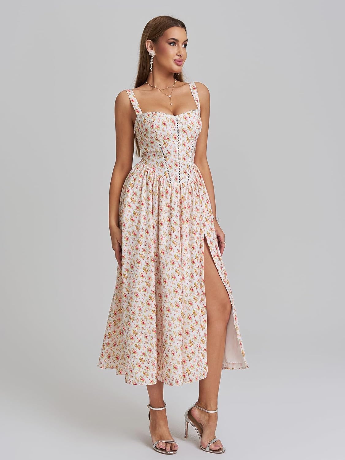 KUTUMAI Floral Corset Midi Dress Flowy Slit Summer Spring Wedding Guest Dresses for Women Sundress with Pockets - Image 3