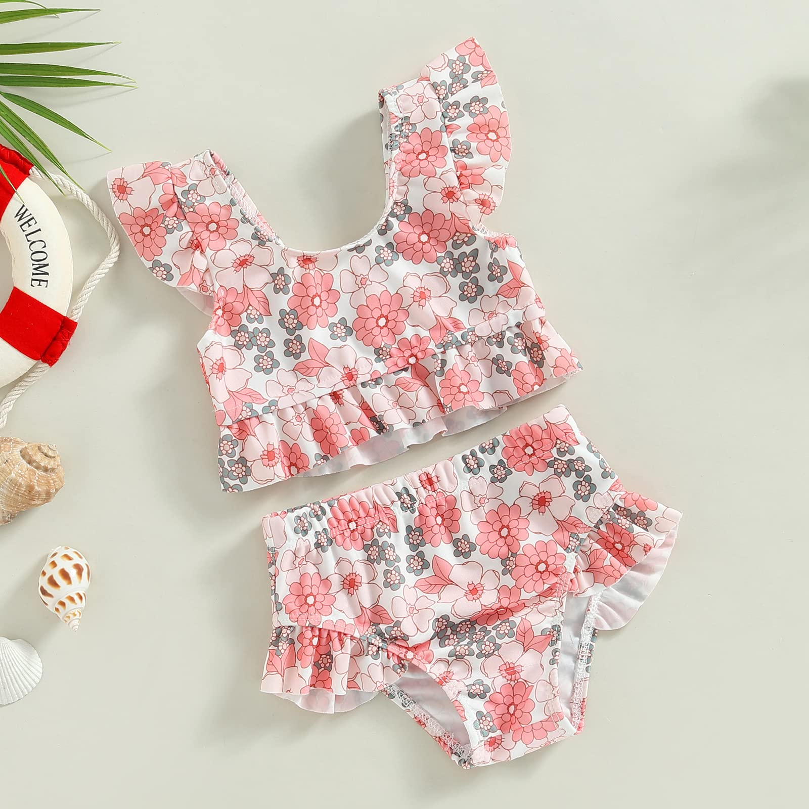 Costume da Bagno 2 Pezzi Neonata Spiaggia Estiva Bikini Set Bambina Canottiera Senza Manica con Stampa a Fiori/Testa di Toro e Slip
