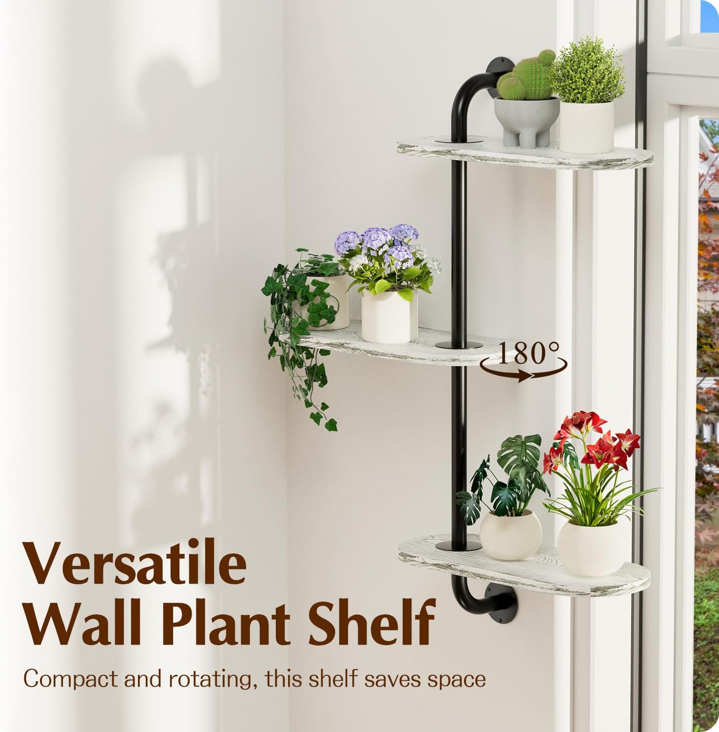 Rotating Window Plant Shelves 3-Tier, Wooden Window Shelf for Plants, Sill Space-Saving Corner Hanging Wall Stand for Multiple Plants, Indoor Home Decor, White