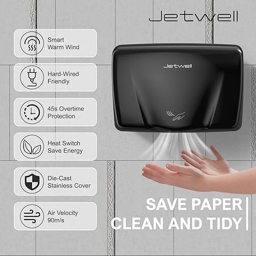 Miniatura 10 de JETWELL Secador de manos automático comercial de alta velocidad - Secador de manos de acero inoxidable resistente - Soplador de mano de viento cálido