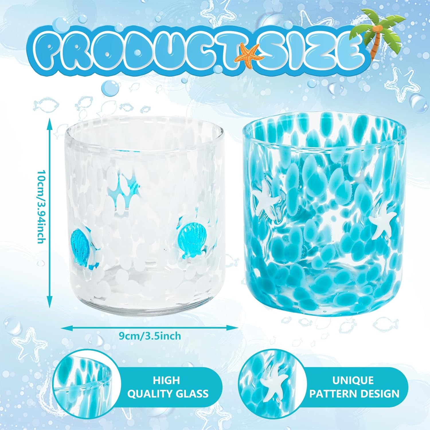 Whaline 2Pcs Ocean Icon Juice Glass 14 Oz Starfish Seashell Wine Glass Stemless Cocktail Drinking Cups for Home Party Favors Gift Supplies - Image 2