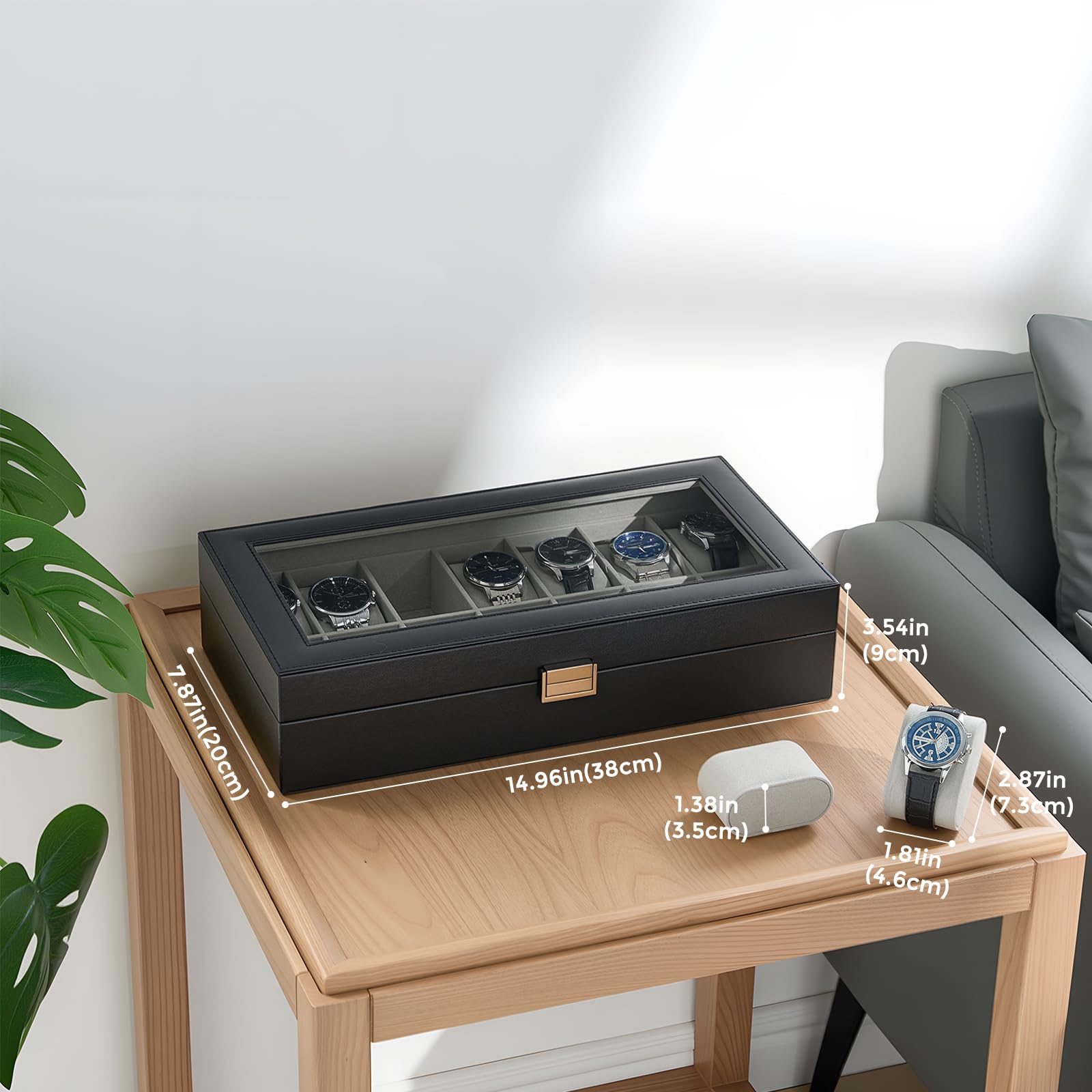 ProCase Caja Organizadora de Relojes 14 Ranuras, Estuche Joyero con Tapa de Cristal, Vitrina de Almacenamiento para Relojes, Pulseras y Joyas, Regalo Elegante para Hombres y Mujeres – Negro