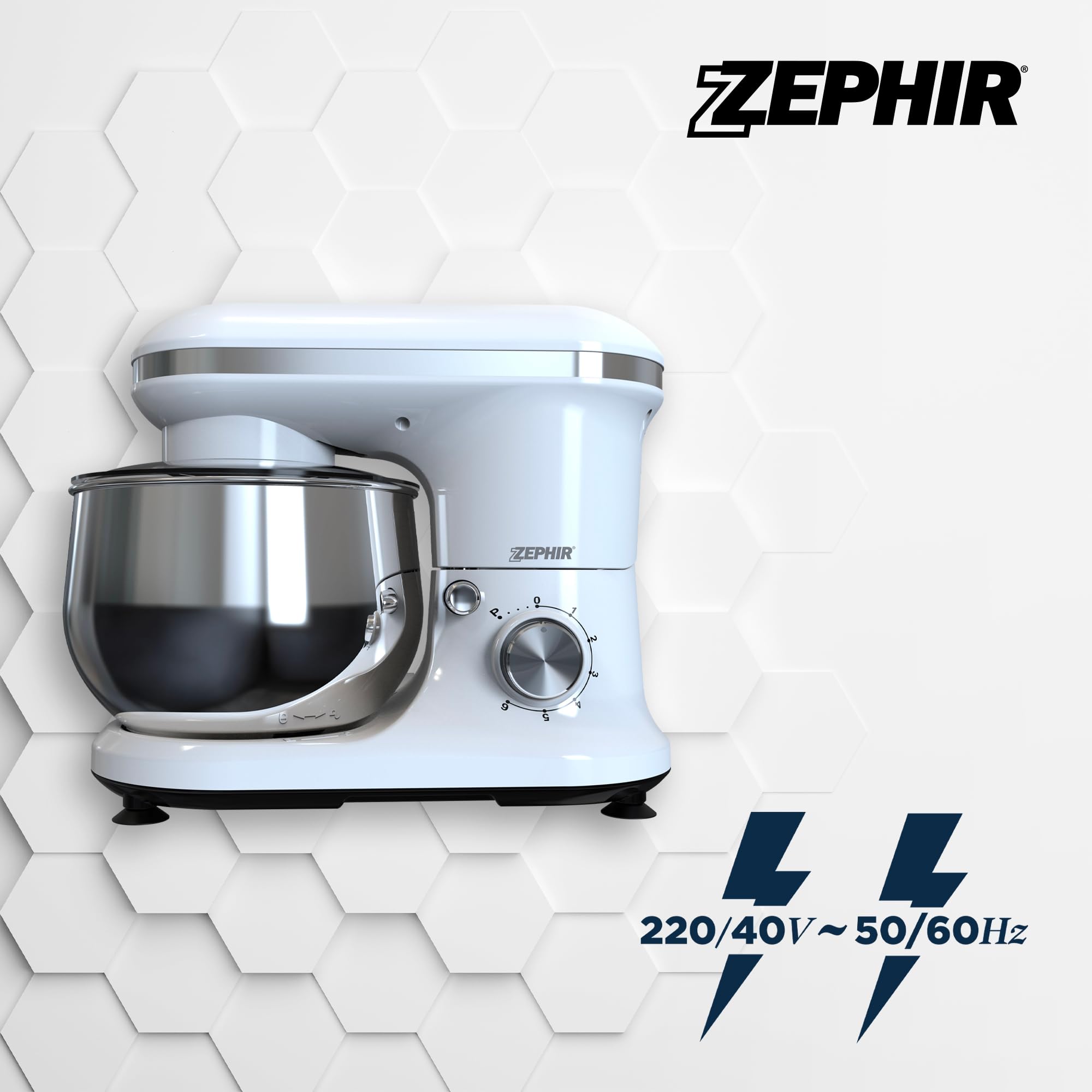 Zephir Impastatrice Deluxe 1000W con Ciotola in Acciaio 5,0L, 6 Velocità + Pulse, Accessori Inclusi, Ingranaggi in Acciaio, Corpo in ABS