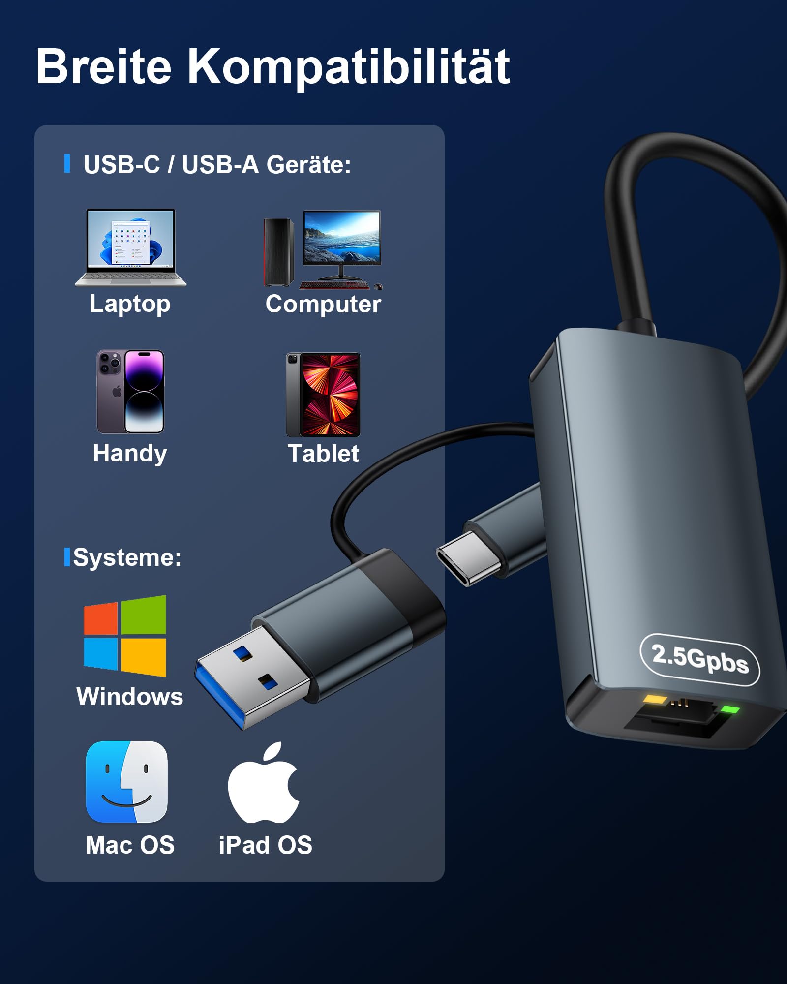 Adapter USB LAN 1000 m, USB-C Ethernet adapter RJ45 Gigabit adapter sieciowy, USB-C LAN Hub z 3 * USB-3.0 i 1 * porty typu C do MacBook XPS Surface Pro Linux Chromebook itp. (adapter LAN 2,5 G)