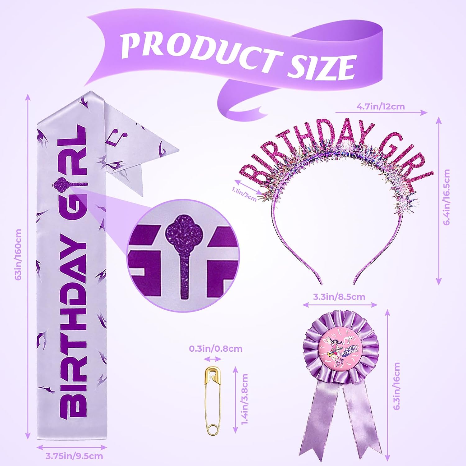 Kpop Purple Cracked Pattern Birthday Accessories Set, 3Pcs Sash Badge Headband Kit, Stylish Party Decor Photo Props for Girls Women Birthday Party