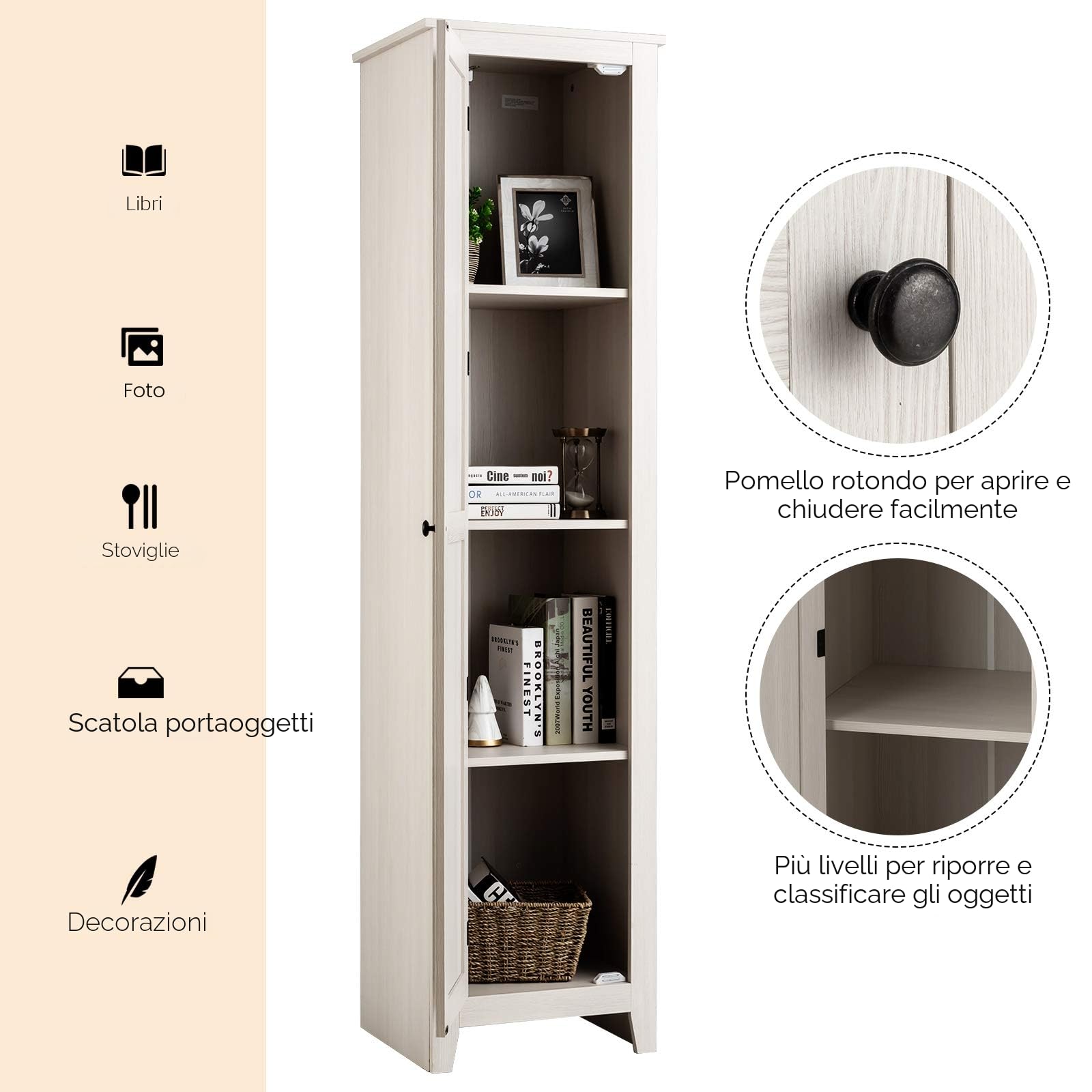 GIANTEX Armadietto alto da 183 cm, armadio stretto per bagno con 1 porta e 4 ripiani, armadio per la conservazione per cucina, soggiorno e bagno, armadio da cucina indipendente (Bianco)