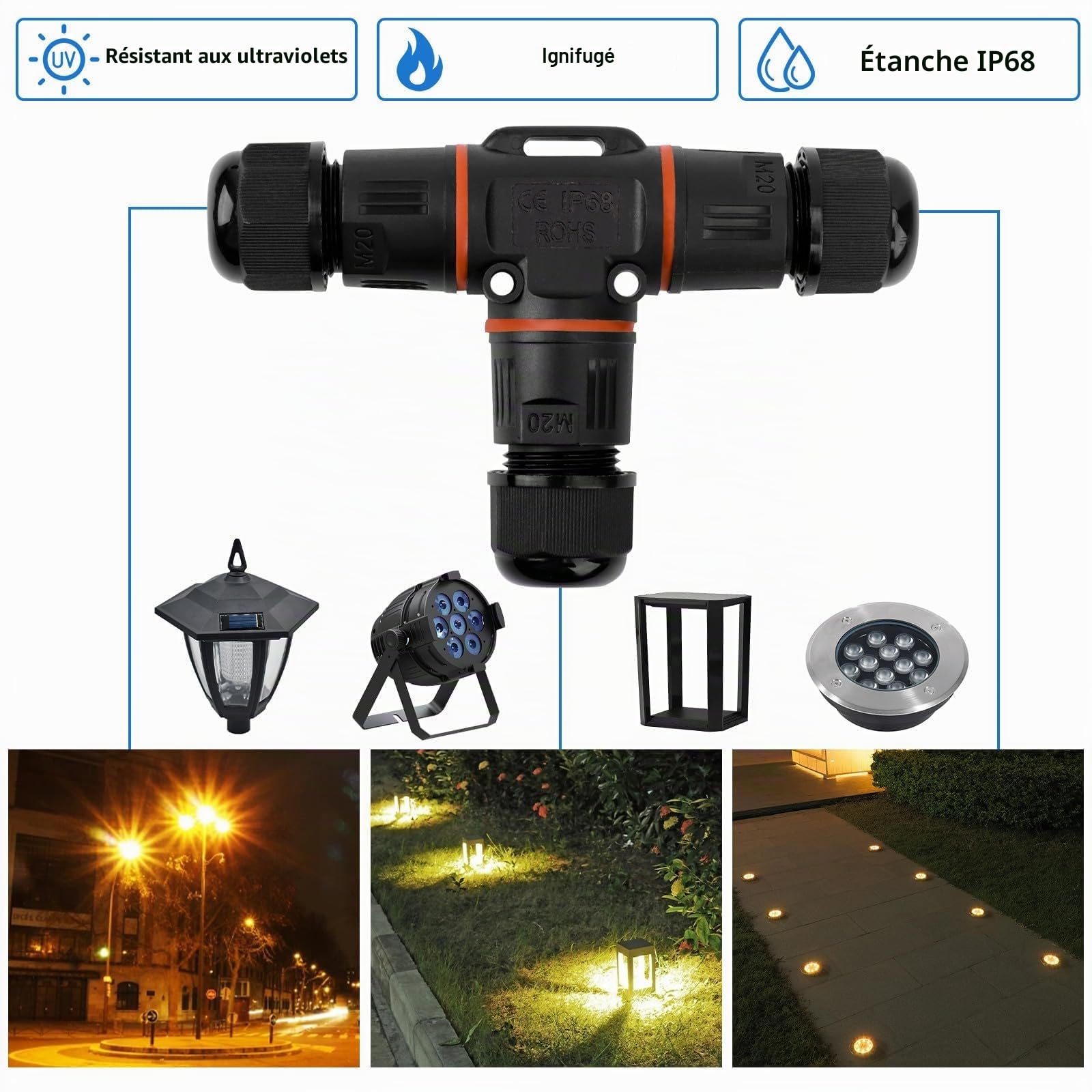 HIMOMO Connecteur de Câble Étanche IP68 – Boîte de Jonction en T à 3 Voies, 3 Broches, pour Câbles Ø 3–12 mm – Raccordement Électrique Extérieur