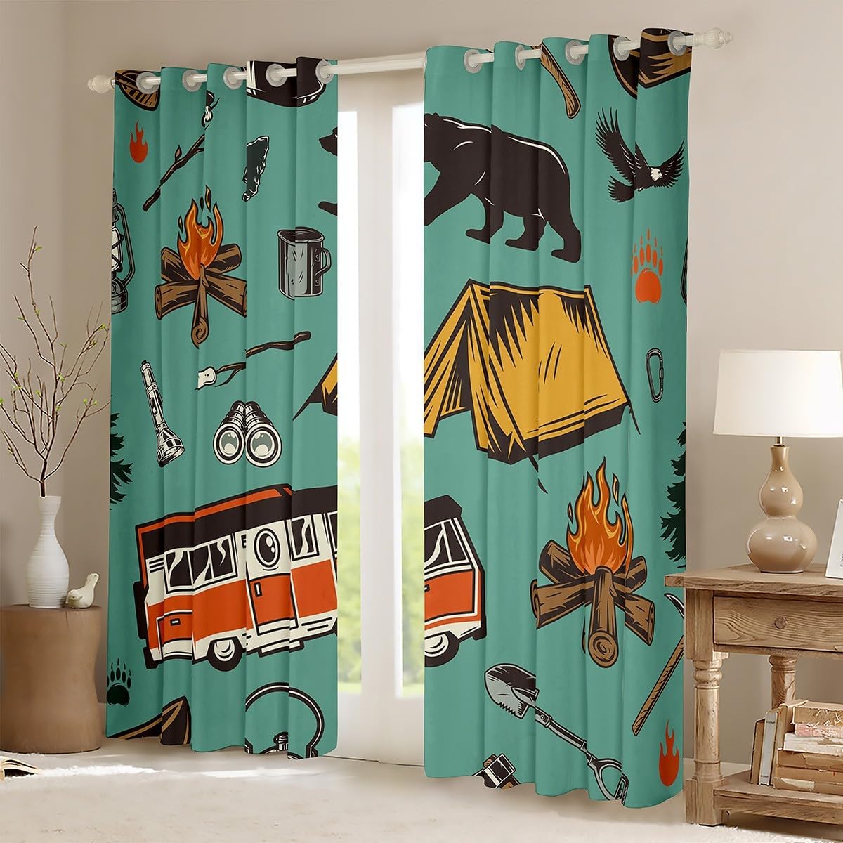 Kids Camping Curtains, Farmhouse Camper Theme Blackout Curtains For Home Bedroom Living Room, Camper Travel Car Window Curtains & Drapes, Western Rustic Bear Darkening Curtains, 2 Panels 42"X63"