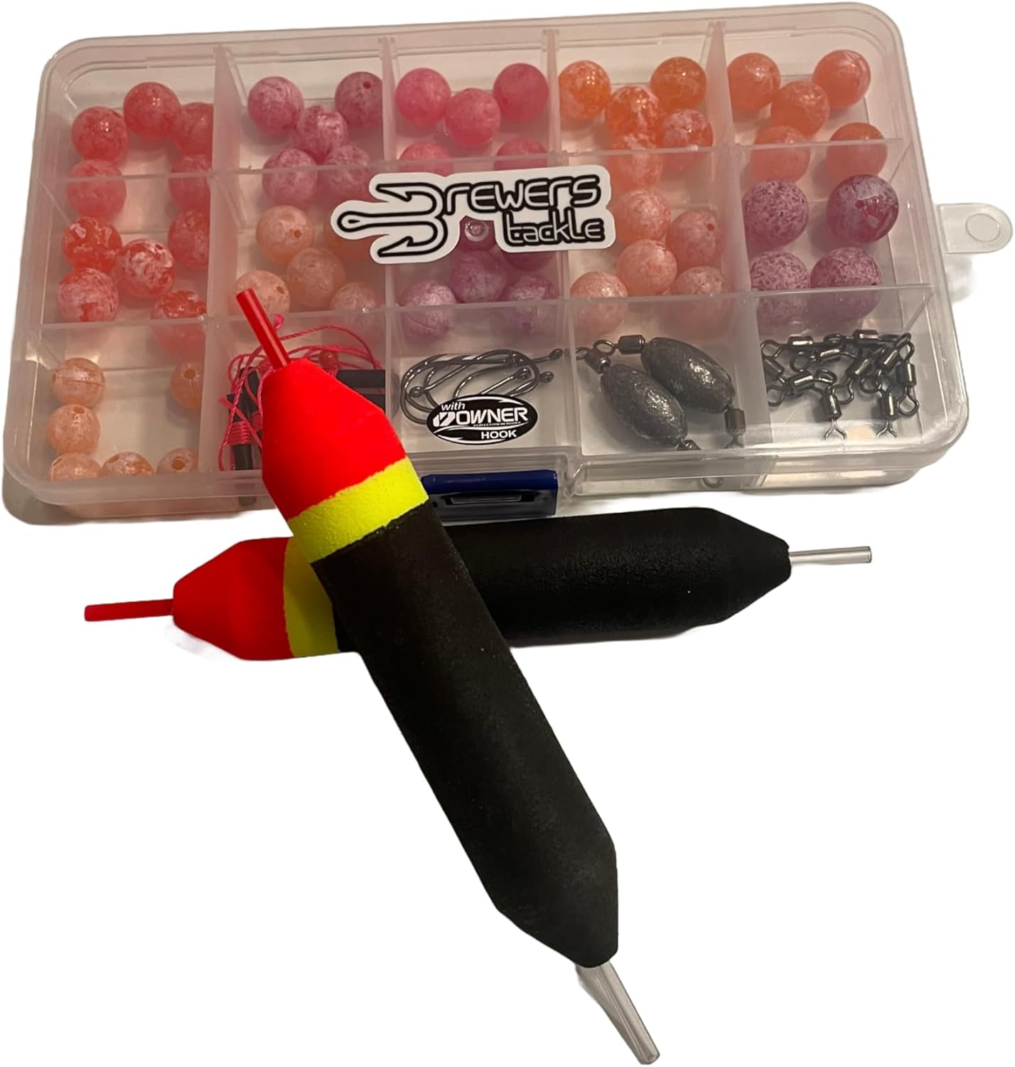 Steelhead Bead Fishing Kit, Includes 55 Beads, 5 Owner Mosquito Size 1 Hooks, 2 Slip Floats, 5 Bobber Stops, 2 Inline Leads and 10 Swivels - 10mm, 12mm, 14mm Hard Beads in This Tackle Pack