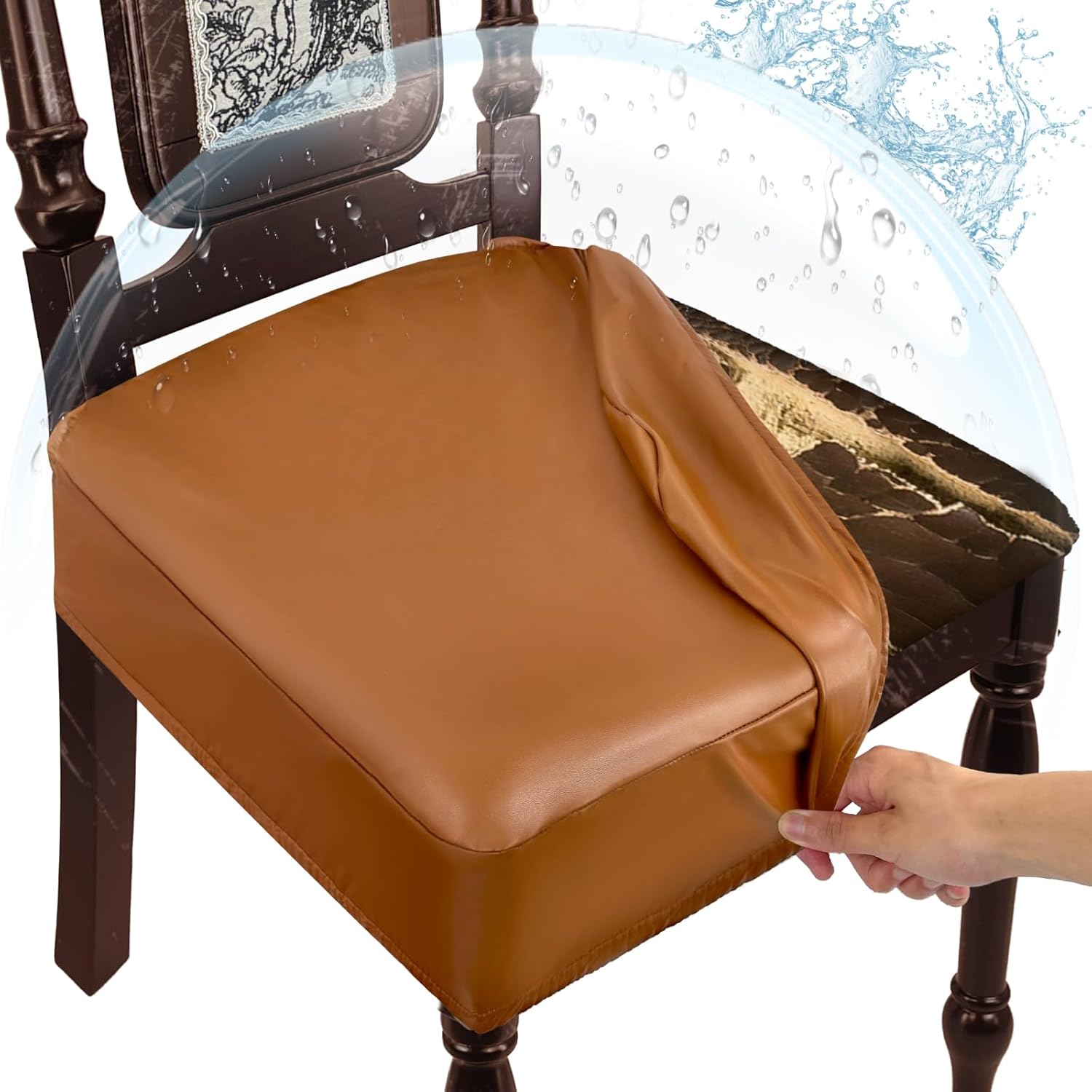 Leather Seat Covers for Dining Room Chairs Set of 6, Waterproof Kitchen Chair Seat Protector Slipcovers Made of 4-Way High Stretch PU Leather and Rear Covers Design (Orange 6 Pcs)