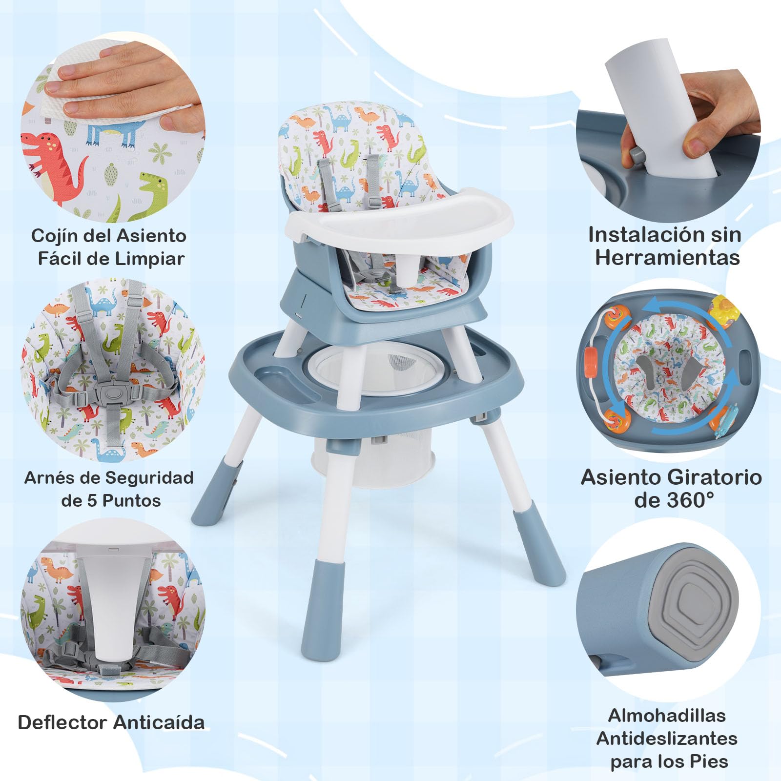 GOPLUS Trona Convertible para Niños 16 en 1, Set de Estudio con Mesa Doble, Bandeja Extraíble, Cesta y Cinturón de Seguridad, Centro de Actividades Ajustable con 3 Juguetes (Azul + Blanco)