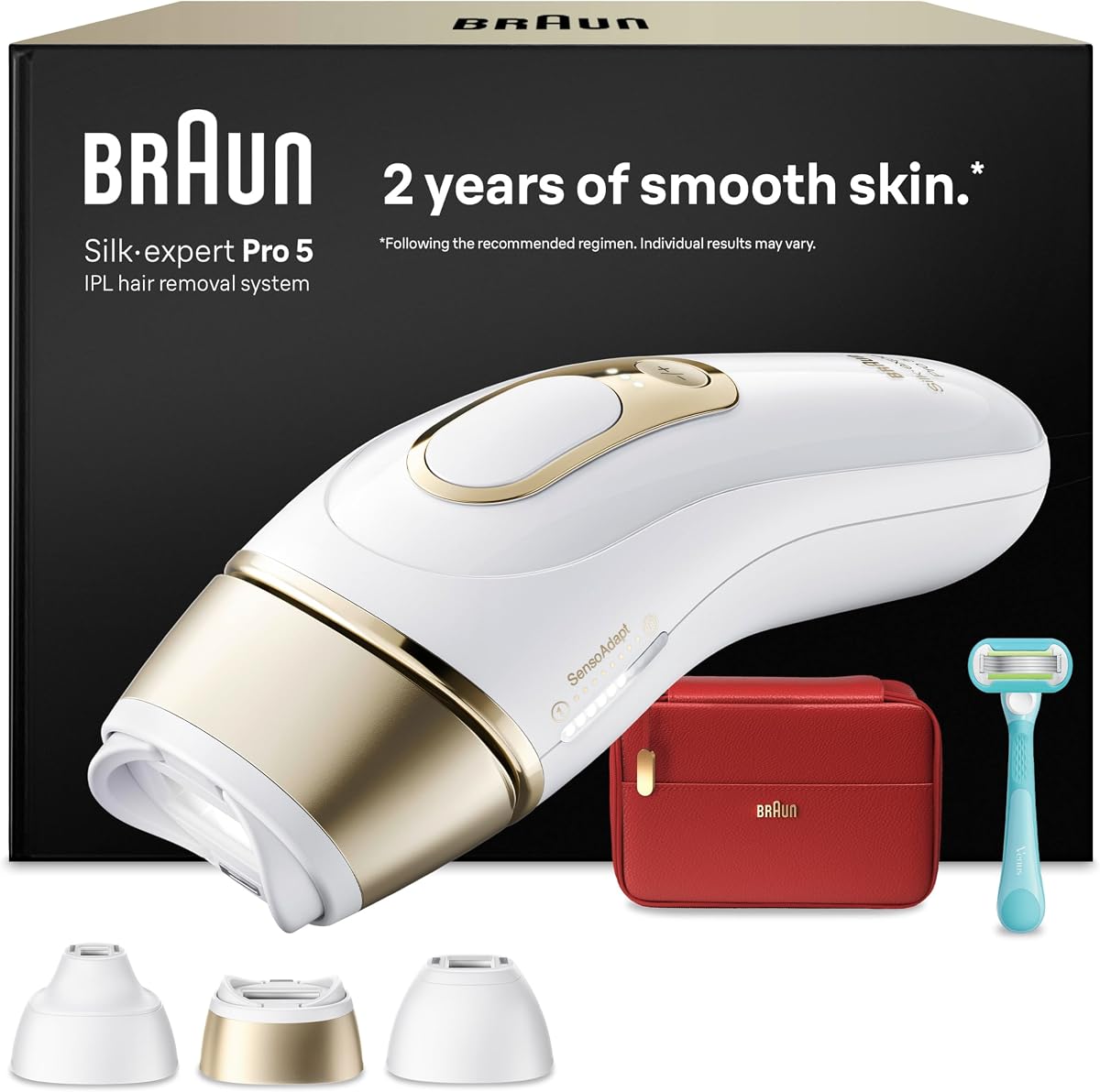 Braun IPL Geräte Haarentfernung Silk·expert Pro 5, PL5321, Weiß/Gold | Alternative Laser Haarentfernung für Zuhause, Dauerhafte Haarentfernung, Inkl. Etui, Gillette Venus Rasierer Und 3 Aufsätze