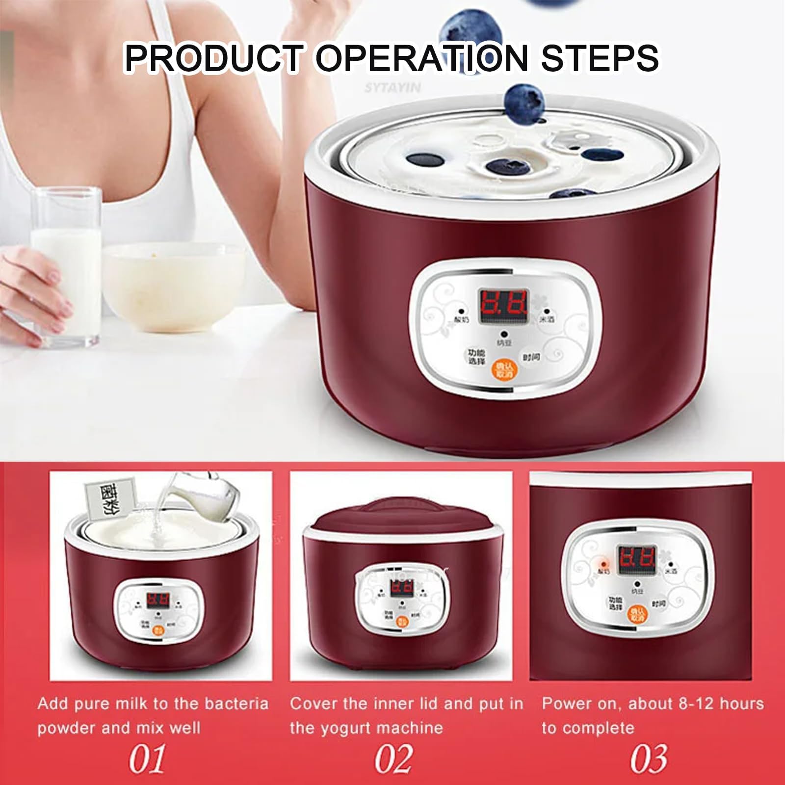 Yogurtiera Completamente Automatica, 2 Tipi Di Fermentazione: Rivestimento in Acciaio Inossidabile + 4 Tazze Da 100 Ml, Controllo Intelligente, Tempo Regolabile, Per Yogurt,A