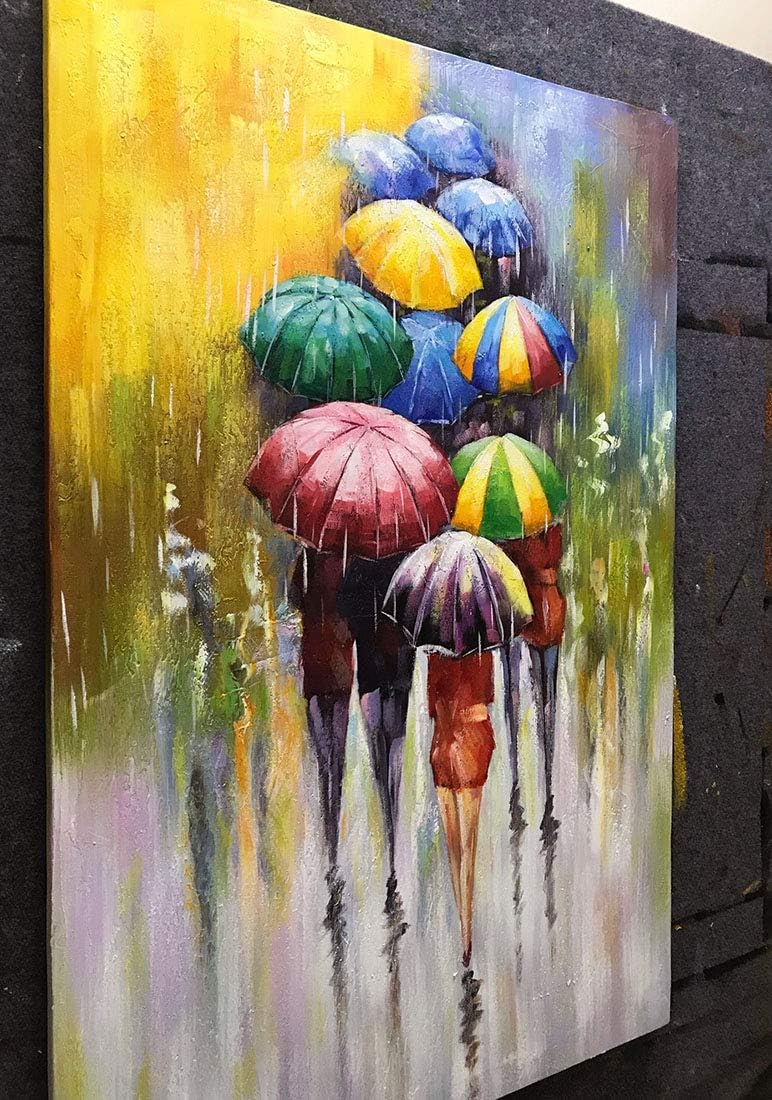 Exclusive Discount 50% Price Tiancheng Art 24x36 inch Abstract Canvas Art People with Umbrellas 100% Hand-Painted Oil Painting Wall Art Pieces Framed Canvas Paintings Contemporary Artwork Ready to Hang for Home Decoration