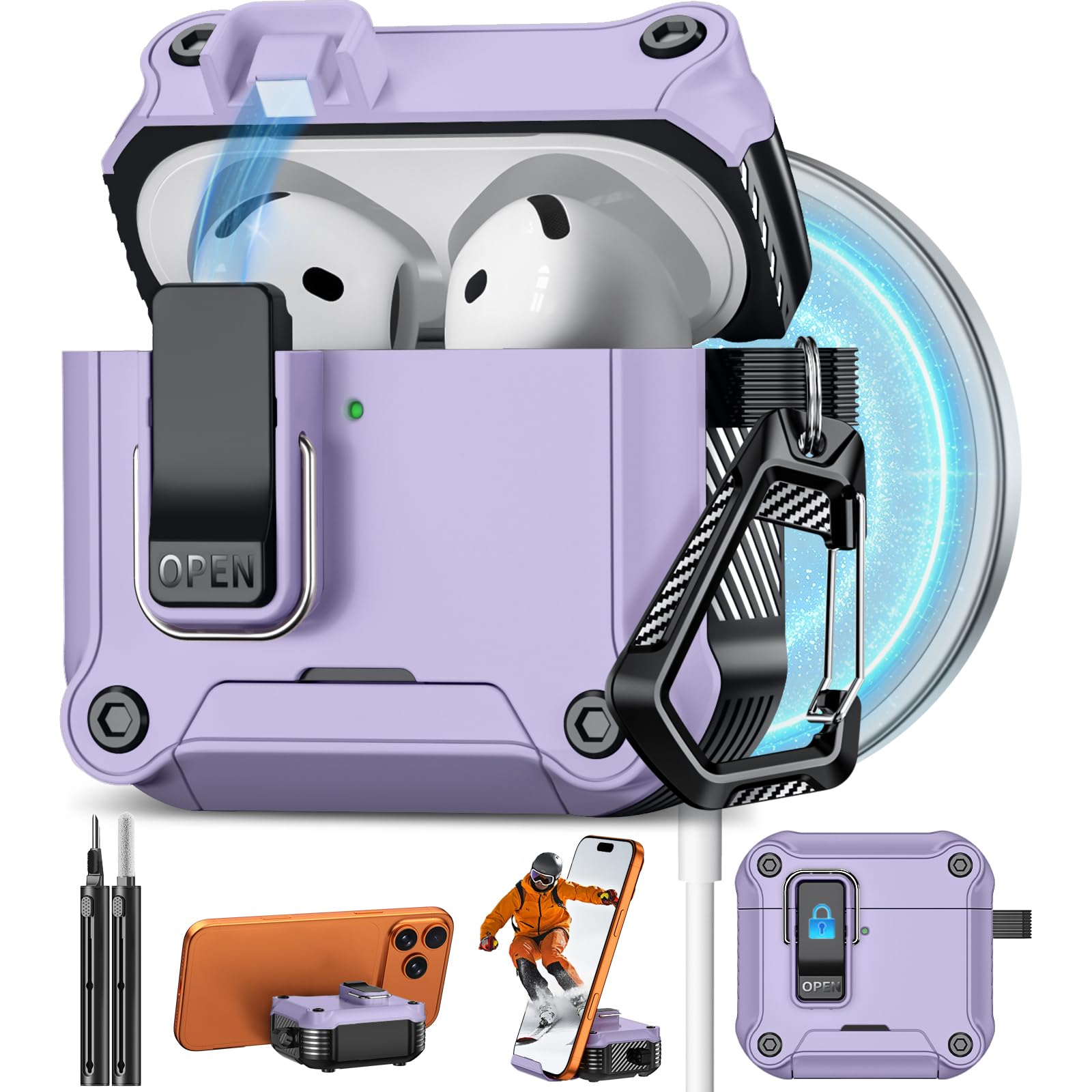 Pohgelan for AirPods 5/4 Case (2026/2024) with Safety Lock-Purple