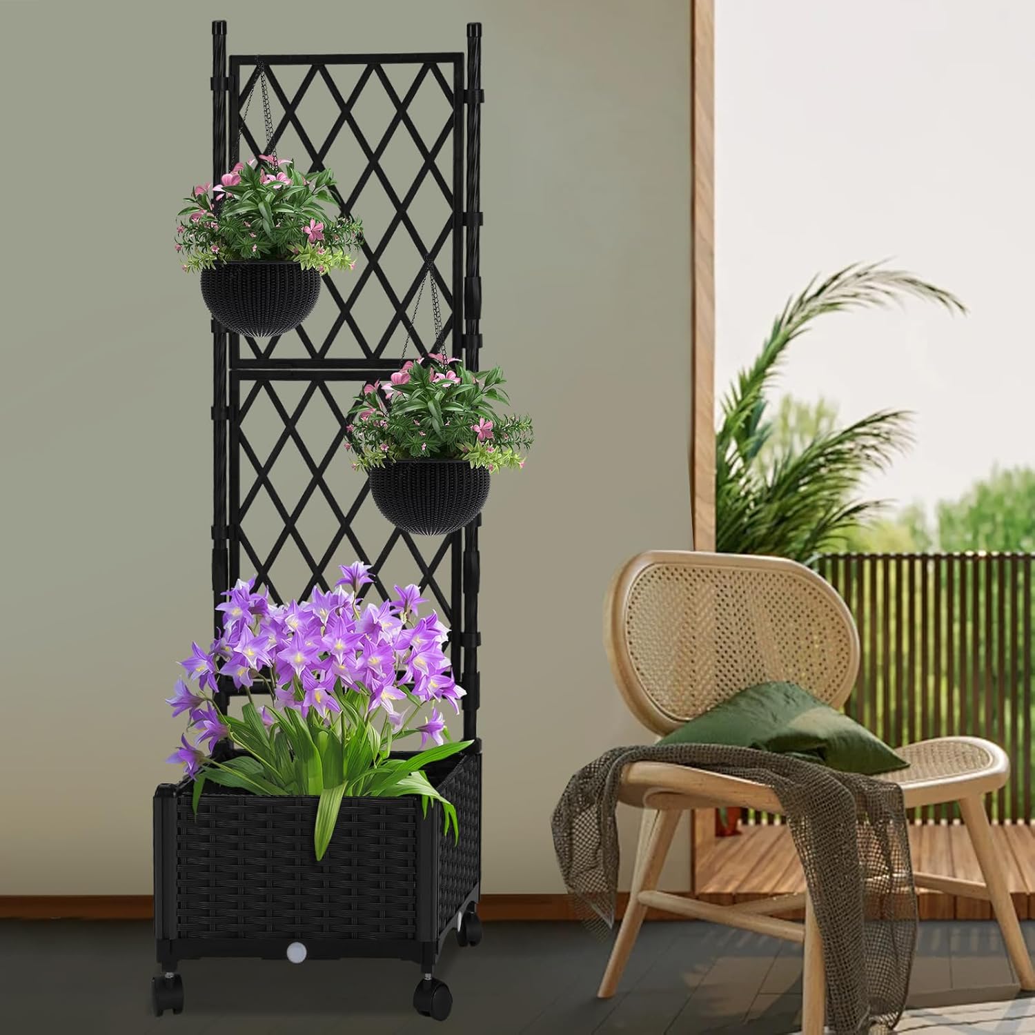 Planter with Trellis Raised Garden Beds, Trellis Planter Box Outdoor Self-Watering for Gardening, Climbing Vegetables, Flowers, Balcony Backyard Patio, Black,1PC