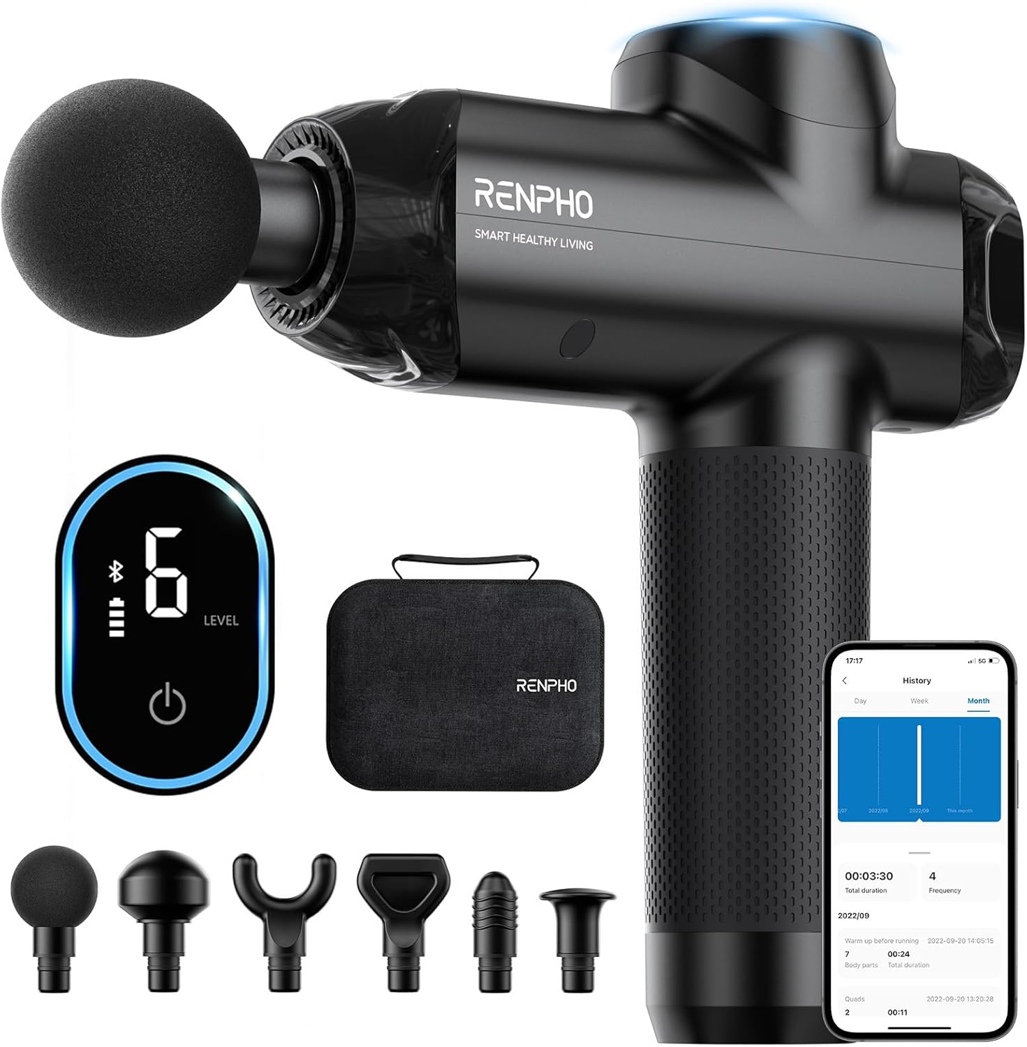 RENPHO Massage Gun Deep Tissue with Bluetooth, Percussion Muscle Massage Gun with 12mm Amplitude for Athletes, Portable Electric Handheld Massager Gun, LED Touch Display