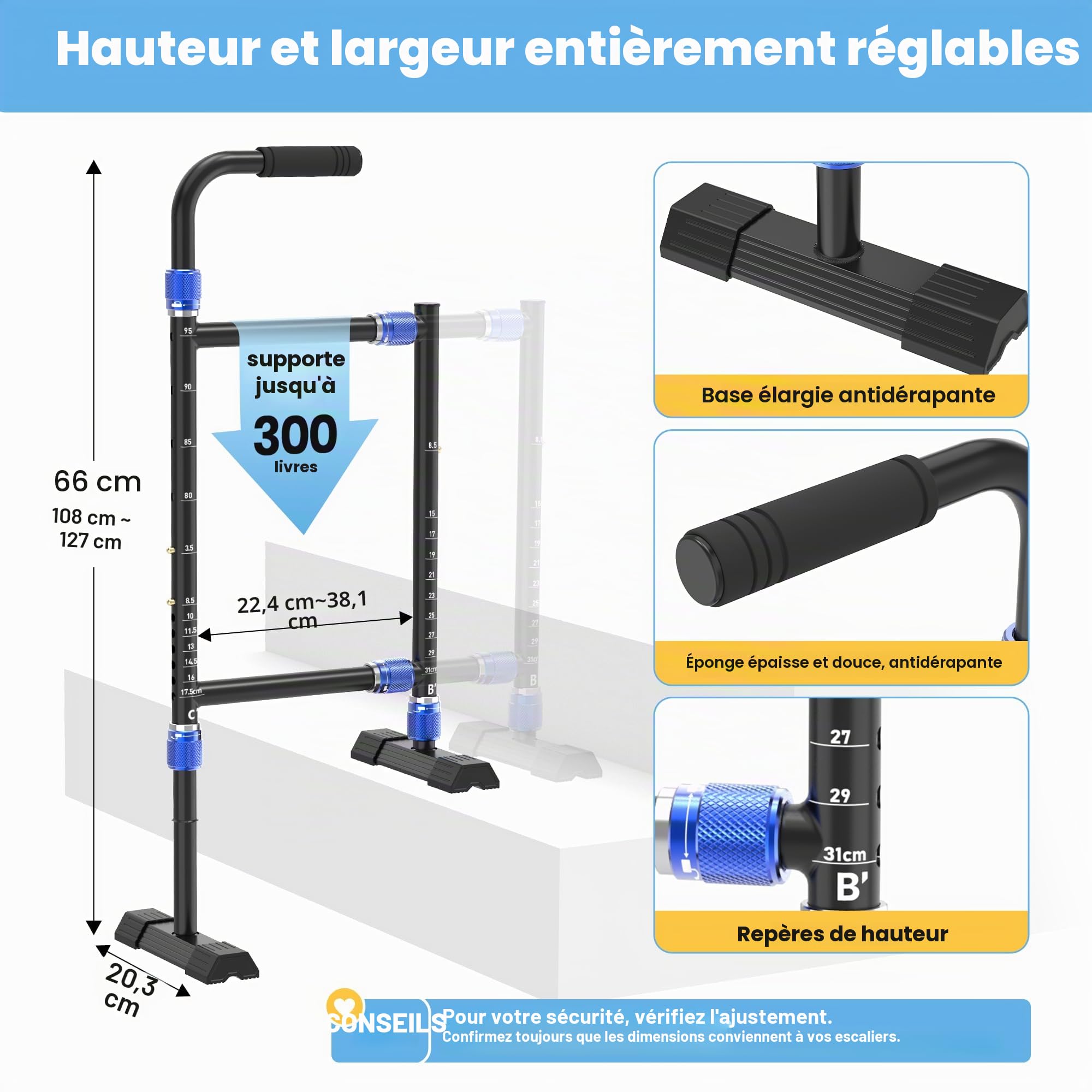 Canne d'aide à l'escalier réglable en hauteur et en largeur pour personnes âgées, personnalisable pour s'adapter à la plupart des marches d'intérieur/extérieur, large base antidérapante, canne