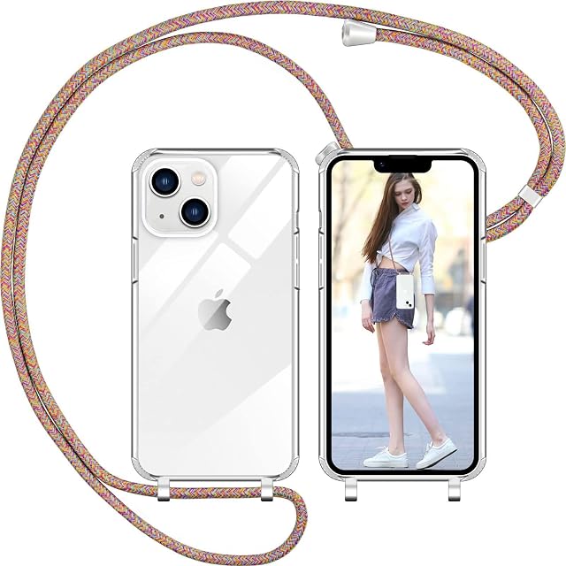 Nupcknn Silikonowe etui z liną do iPhone 13, miękka silikonowa obudowa z paskiem Regulowany wisiorek naszyjnik pasek na szyję łańcuch smycz 1.5M (tęcza)