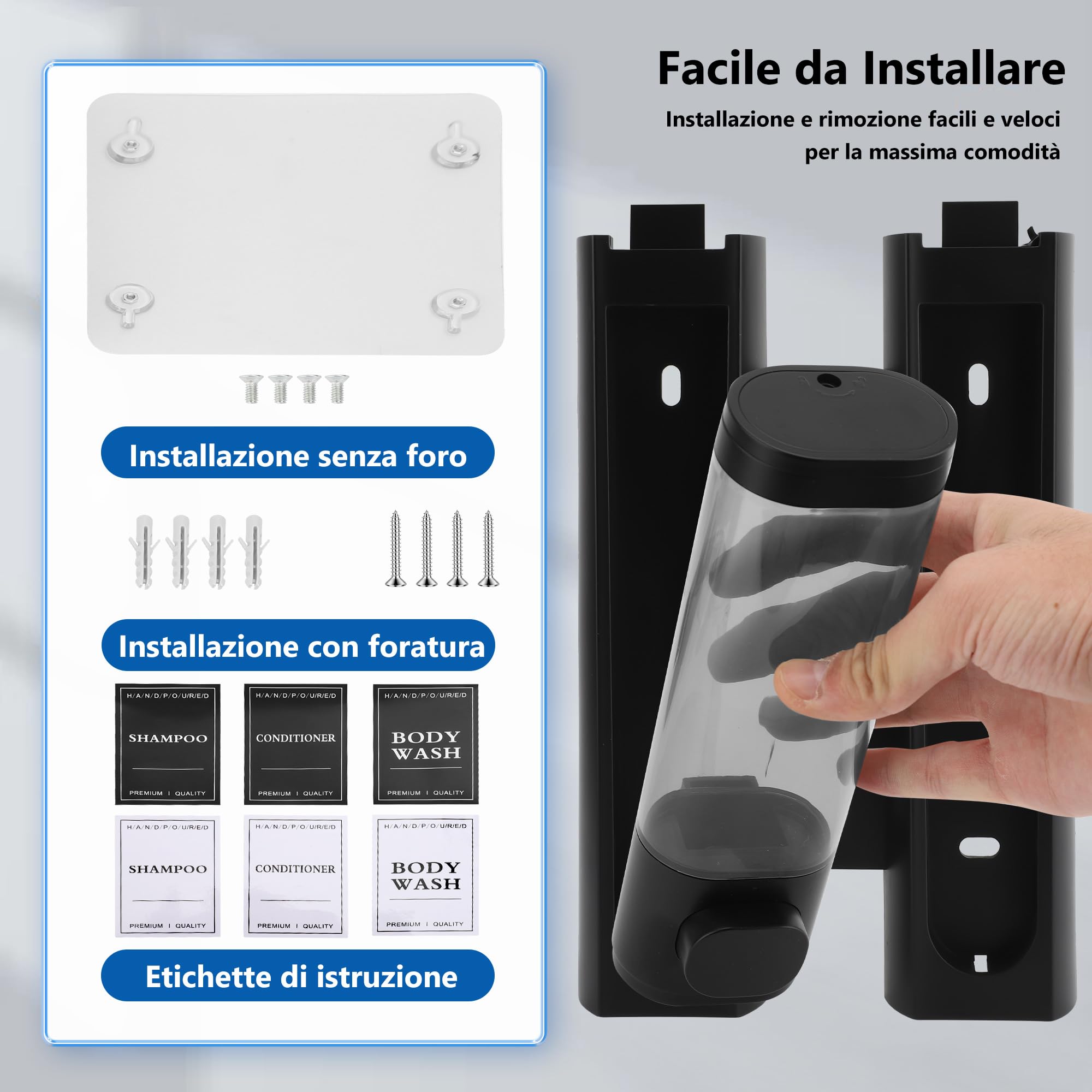 Dispenser Sapone Bagno, Dispenser Di Sapone Da Parete Mani Con Etichetta Impermeabile Per Cucine Bagni (Nero, 2x300ml)