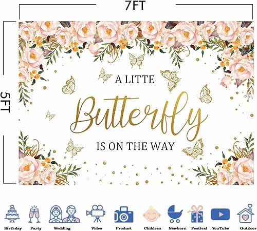 Miniatura 3 de Felortte Telón de fondo de poliéster de 7 x 5 pies con diseño de mariposas doradas de acuarela rosa fondo de fotografía para niñas baby shower