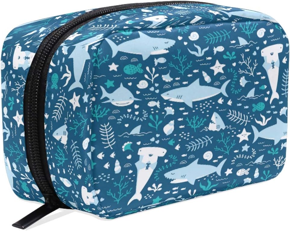 Cartoon Blue Sharks With Sealife Makeup Bag Cosmetic Bag Toiletry Travel Bag Case for Women, Portable Organizer Storage Pouch Bags Box