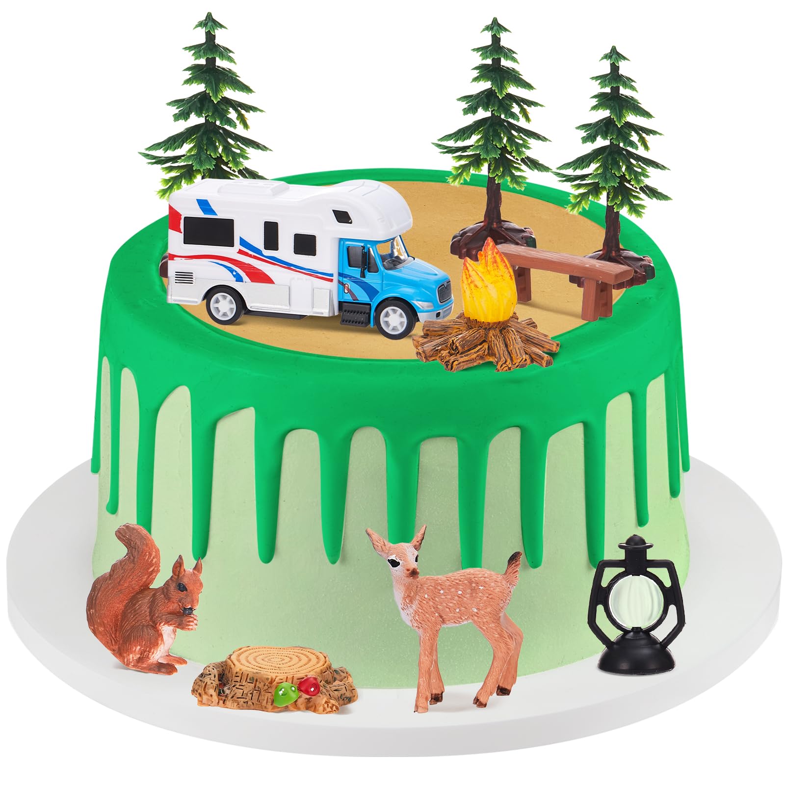 Yookeer 11 piezas de decoración para tartas de camping, hogueras, banco, tocón de hongos, juego de camping para niños, decoración de fiesta de cumpleaños, temática de bosque, suministros de fiesta de