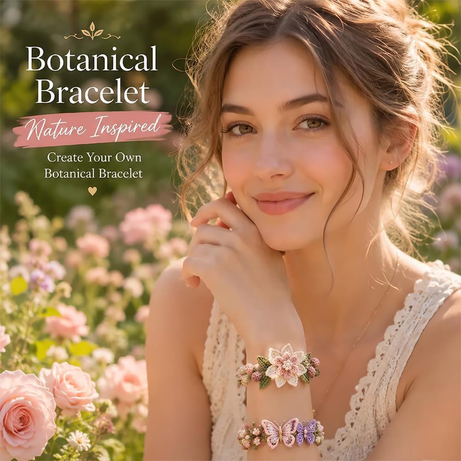 Kit de pulsera de ganchillo inspirada en la naturaleza – Juego de fabricación de pulseras botánicas con hilo, cuentas, perlas y gancho de ganchillo, manualidad creativa para principiantes (ALL)
