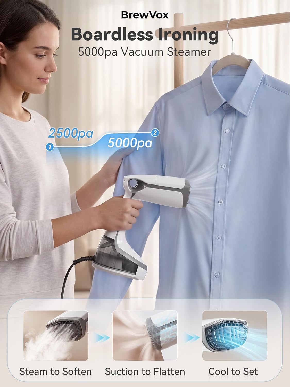 Handheld Steamer for Clothes, 5000Pa Suction Vacuum Steamer & Iron for Garment Grip, Wrinkle Remove, 12 Oz Large Tank, Travel Dual Voltage