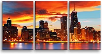 BoxColors - Large 30"x 60" 3 Panels 30"x20" Ea Art Canvas Print Beautiful Chicago Skyline Sunset Light Wall Home Included Framed 1.5" Depth