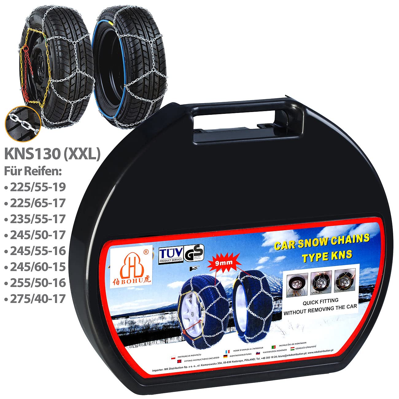 Chaînes à neige XXL pour pneus 225/55 R19 avec boîte de transport [Lescars]