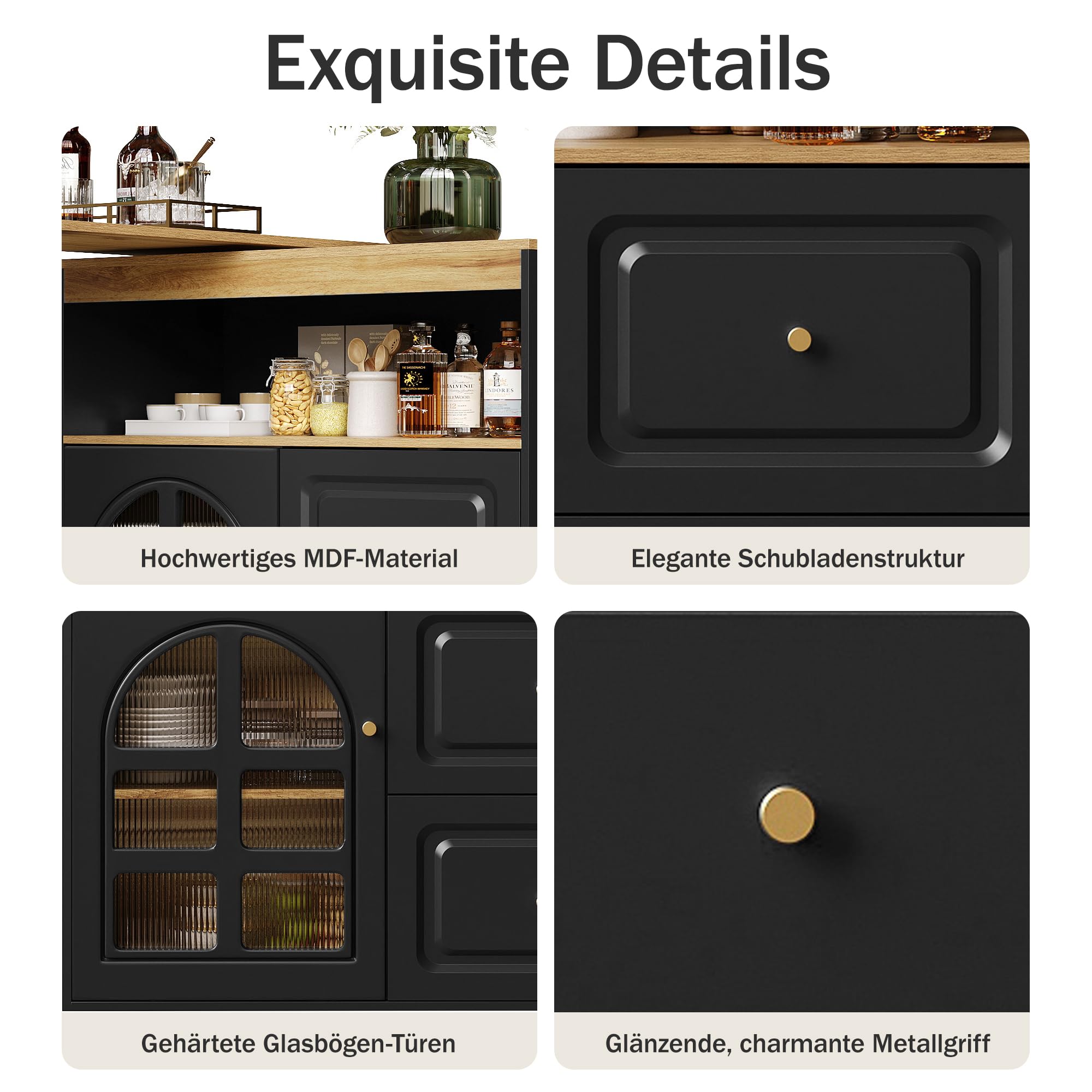 Tavolo Bar Estensibile Rotazione 360°, Mobile Cucina Moderno con Ripiani e Vetro, Credenza con 4 Cassetti, Scaffali Aperti e Porta in Vetro (Black, 138-204x39x104 cm)
